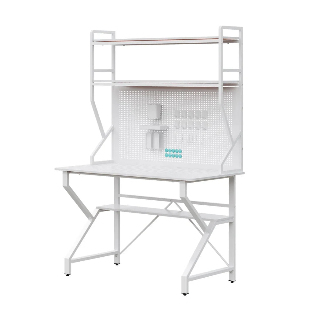 New Multi Functional Gaming Desk Standing Desk with Pegboard & Storage Shelves White