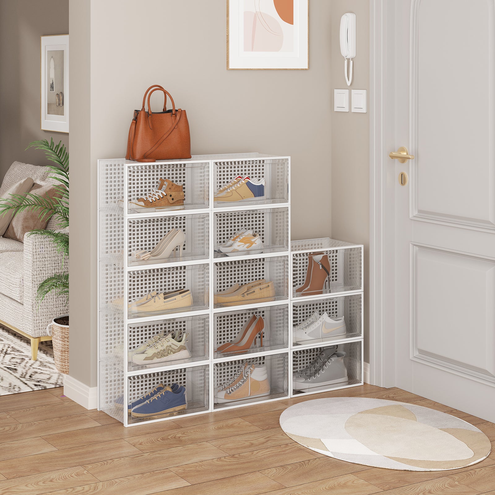 New 12 Pack White Stackable Foldable Plastic Shoe Boxes