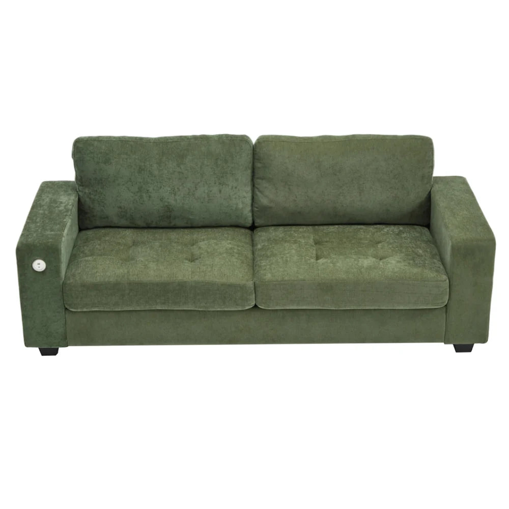 New 2 Seater Chenille Upholstered Sofa with Charging Ports Green