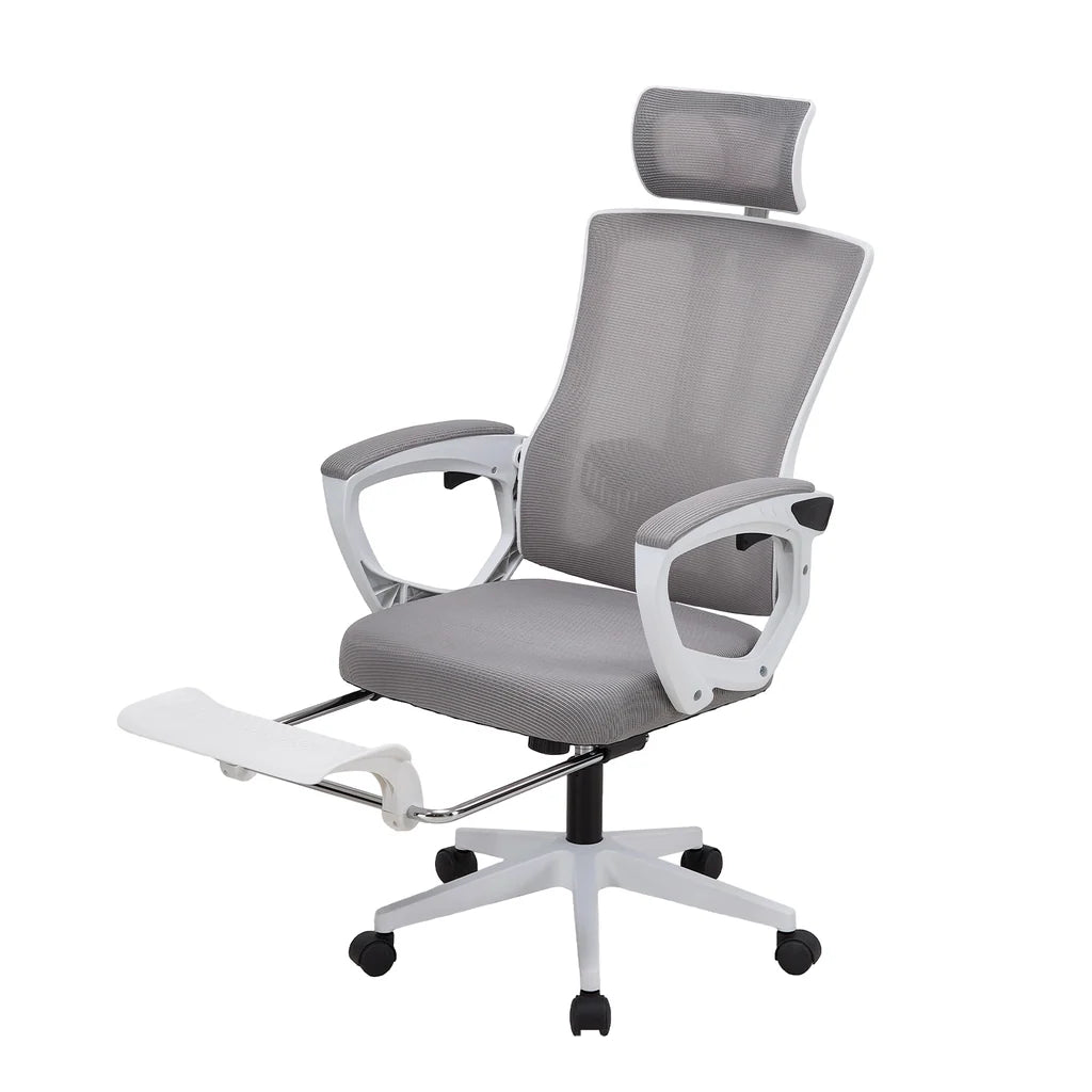 New Height Adjustable Reclining Mesh Office Chair with Footrest Grey White