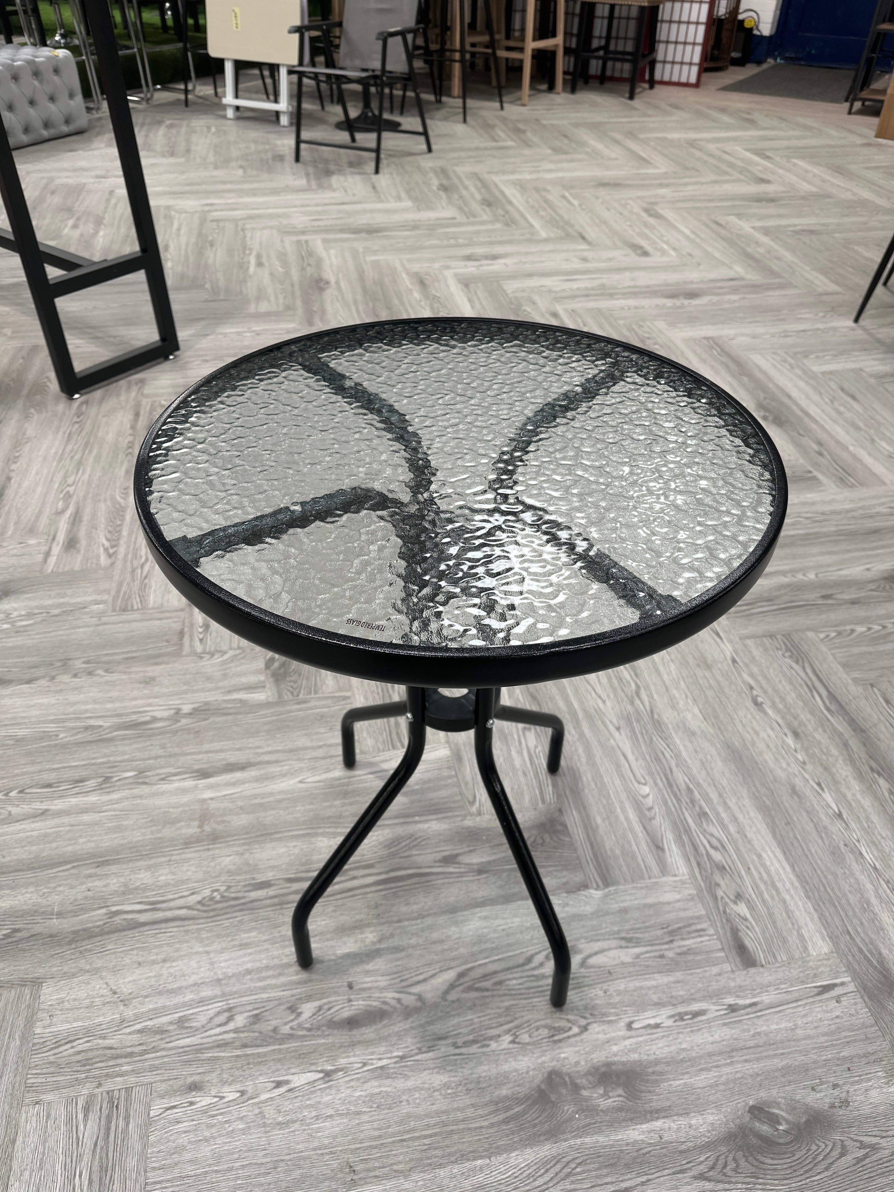 Black Round Metal Garden Table with Tempered Glass Tabletop