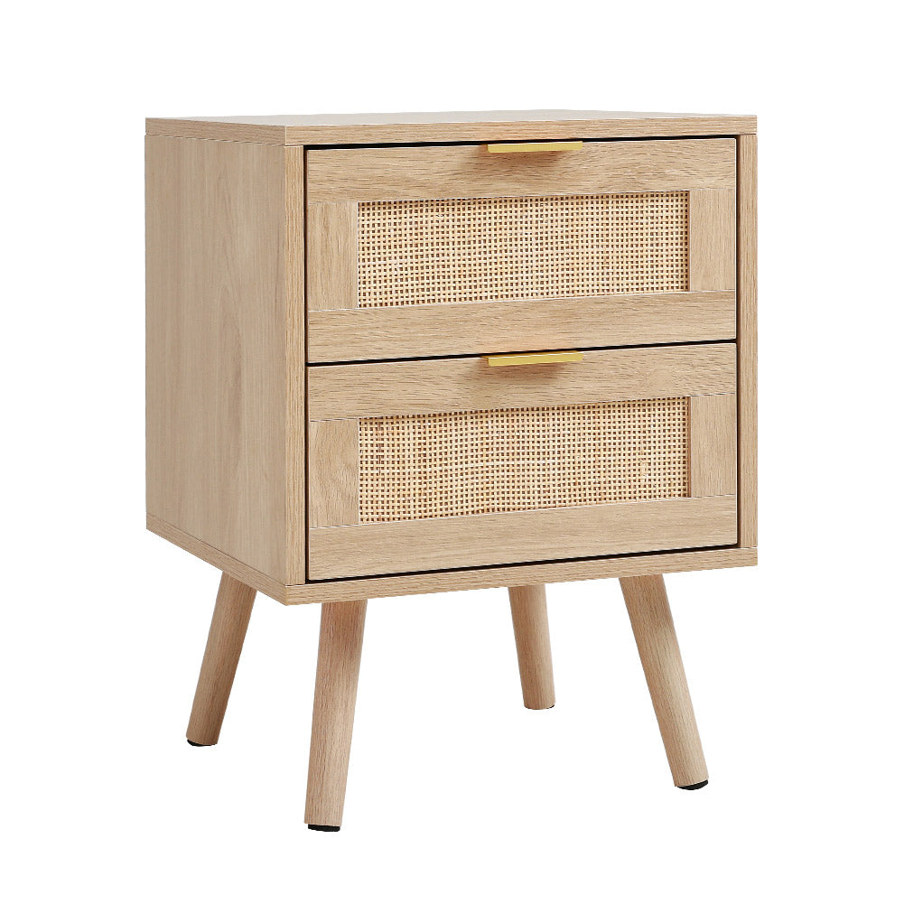 New Wood and Rattan Chest of 2 Drawer Bedside Cabinet