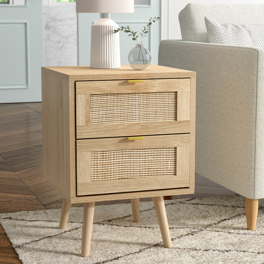 New Wood and Rattan Chest of 2 Drawer Bedside Cabinet