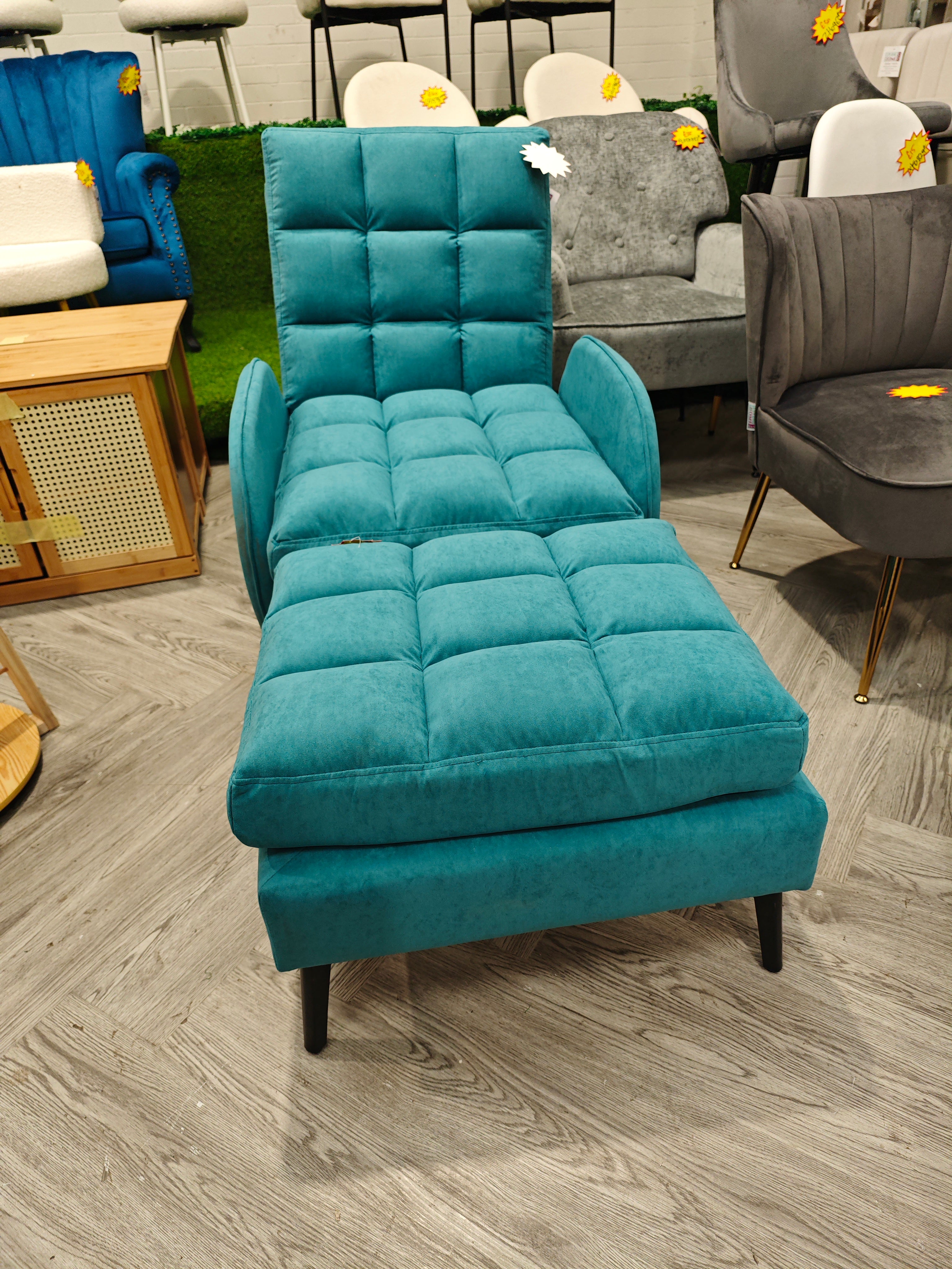 Leisure Velvet Upholstered Recliner Armchair and Ottoman Footstool Set Metal Legs Teal