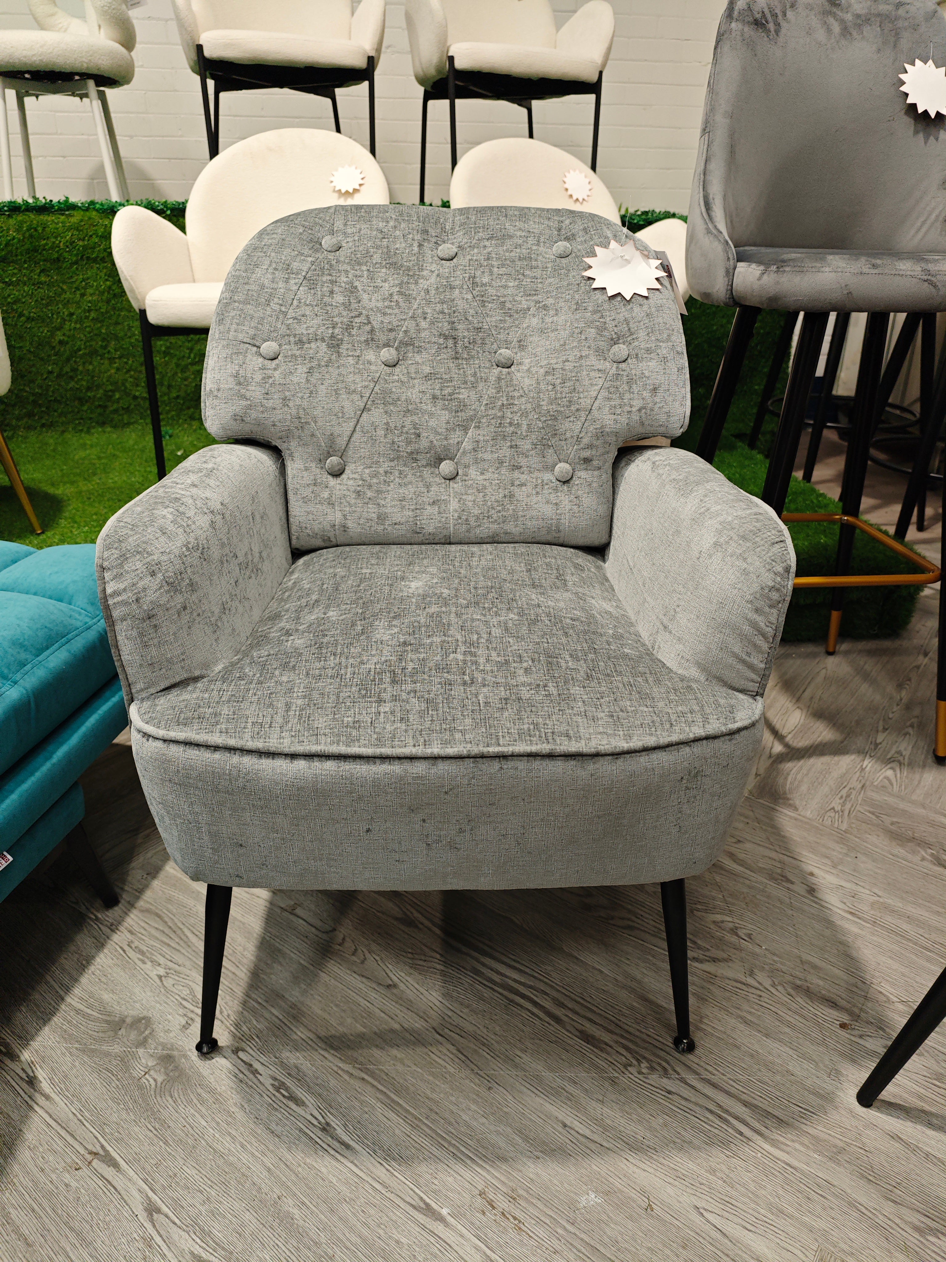 Button Tufted Armchair with Metal Legs Grey