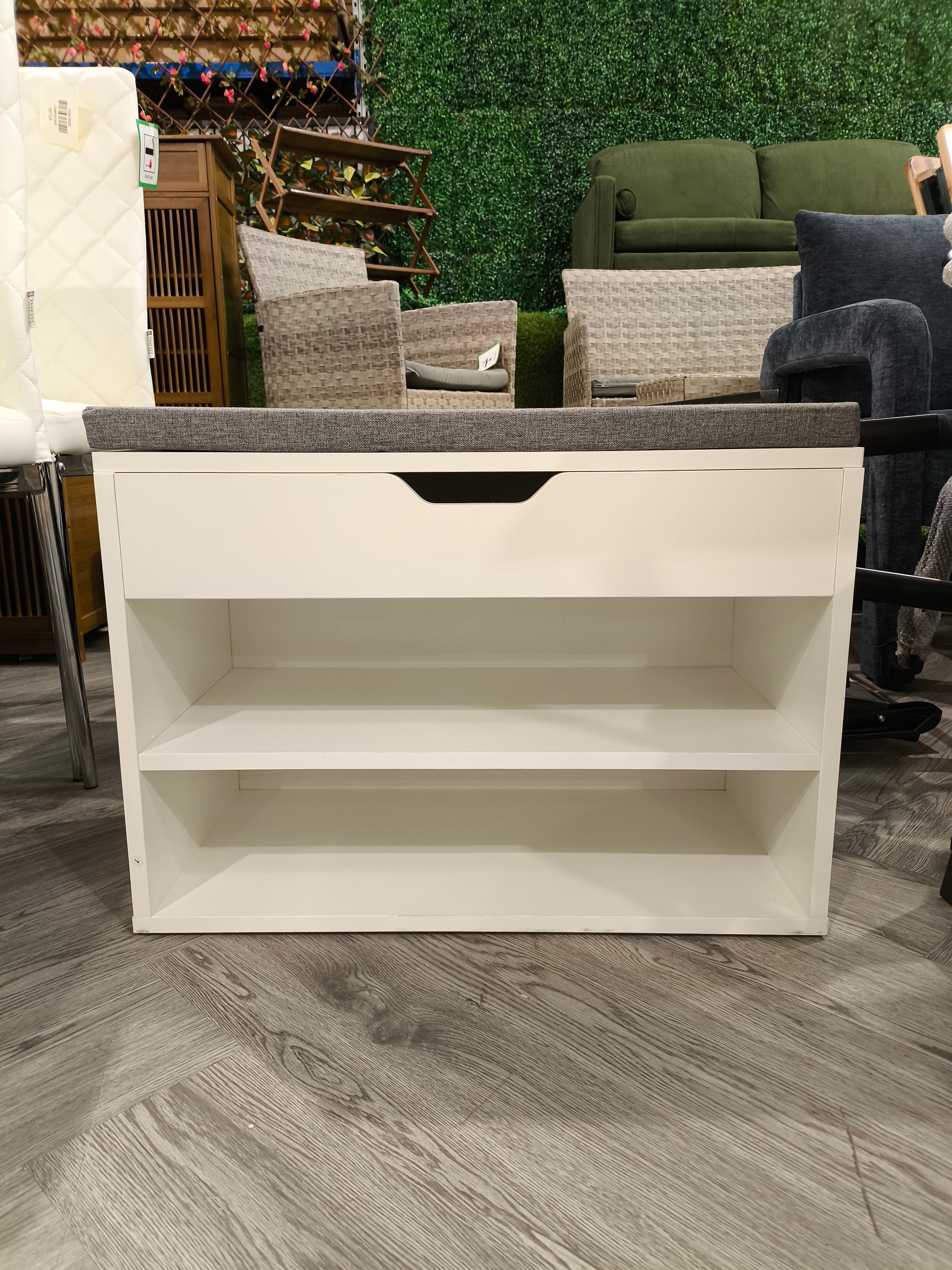 3 Tier Shoe Storage Bench with 2 Tier Open Shelves and Padded Seat White