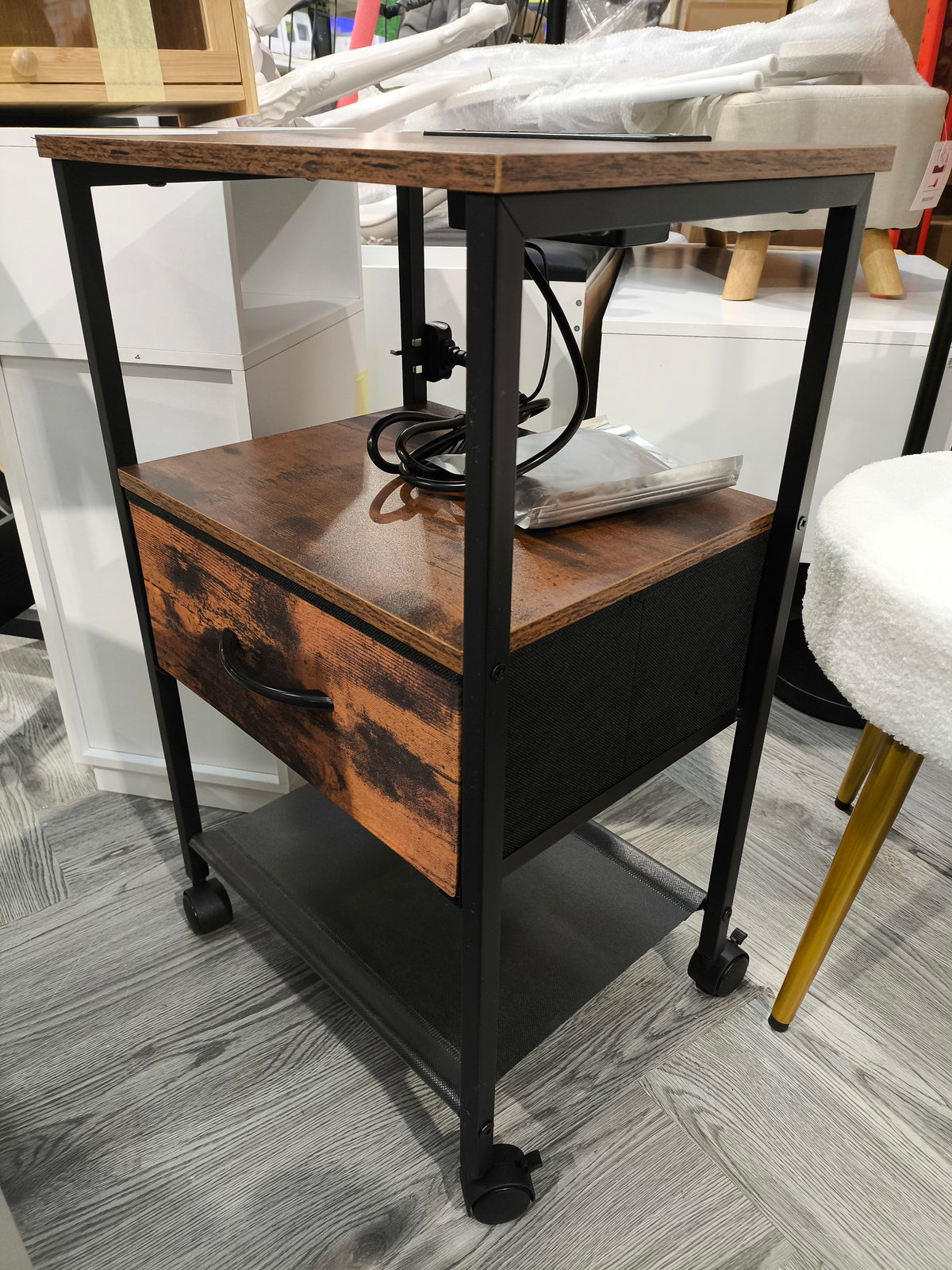 Nightstand Bedside Table with Charging Station and LED Lights Dark Brown