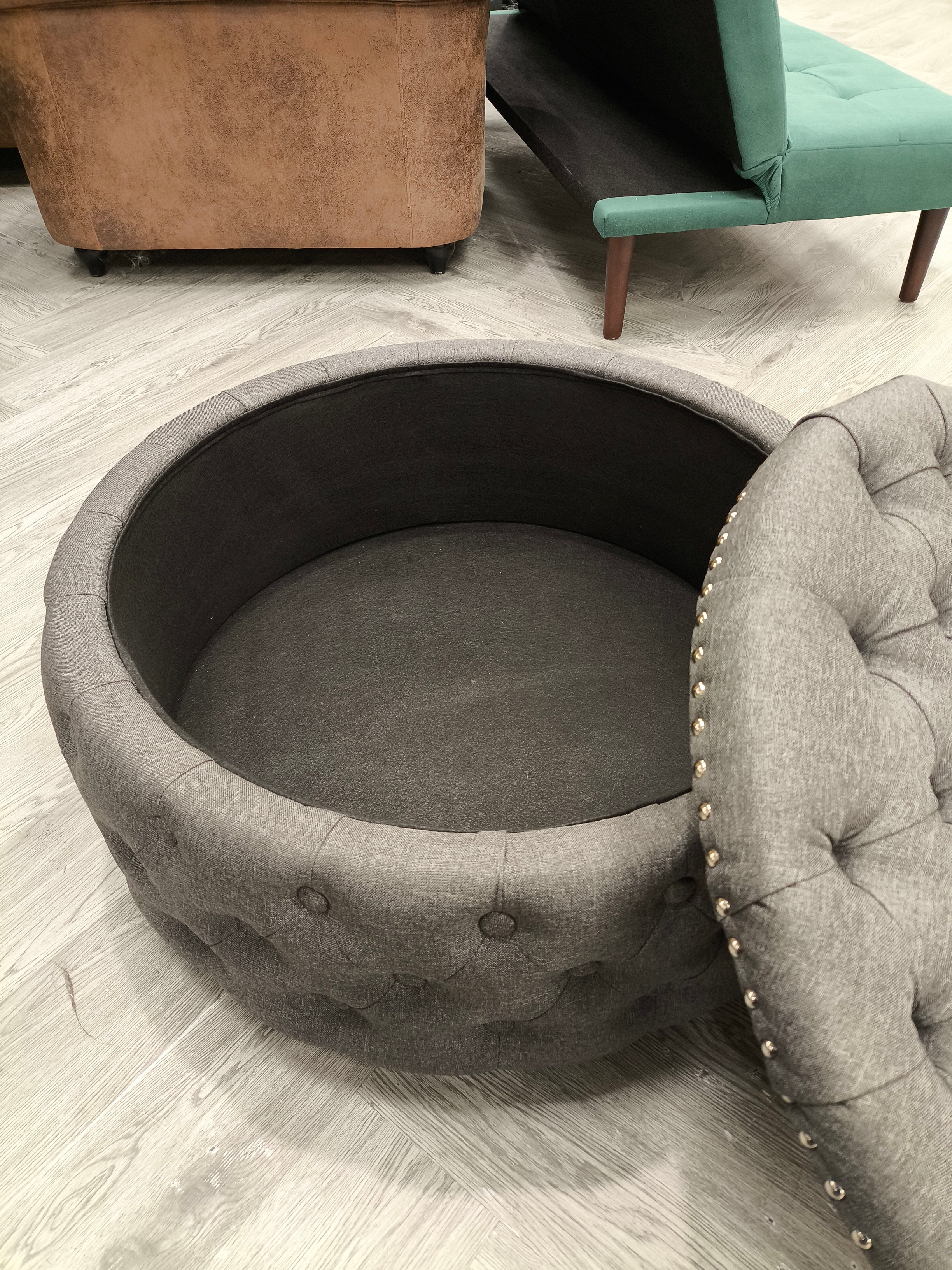 Button Tufted Round Storage Ottoman Grey