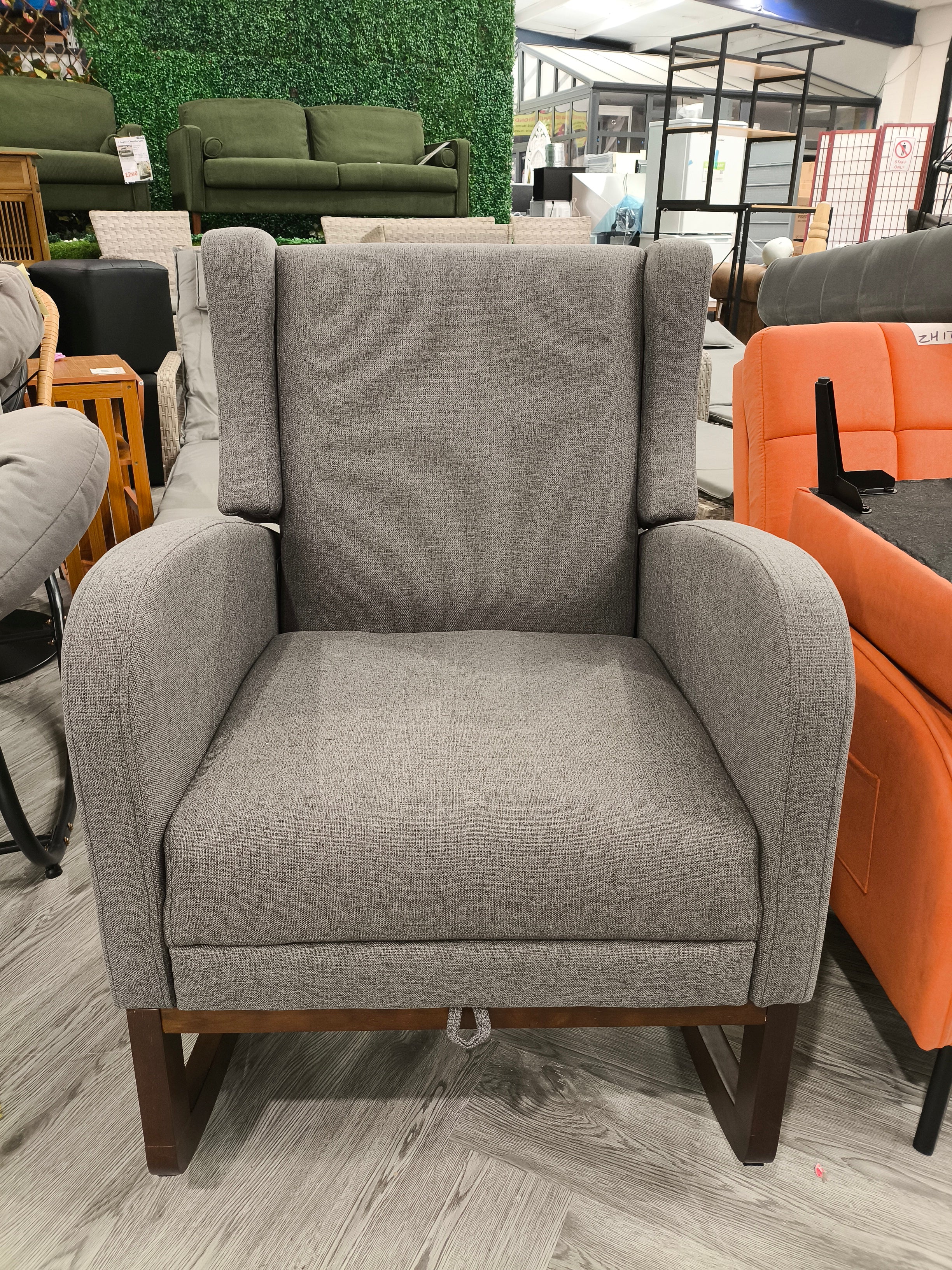 Linen Upholstered Rocking Armchair with Footrest Grey