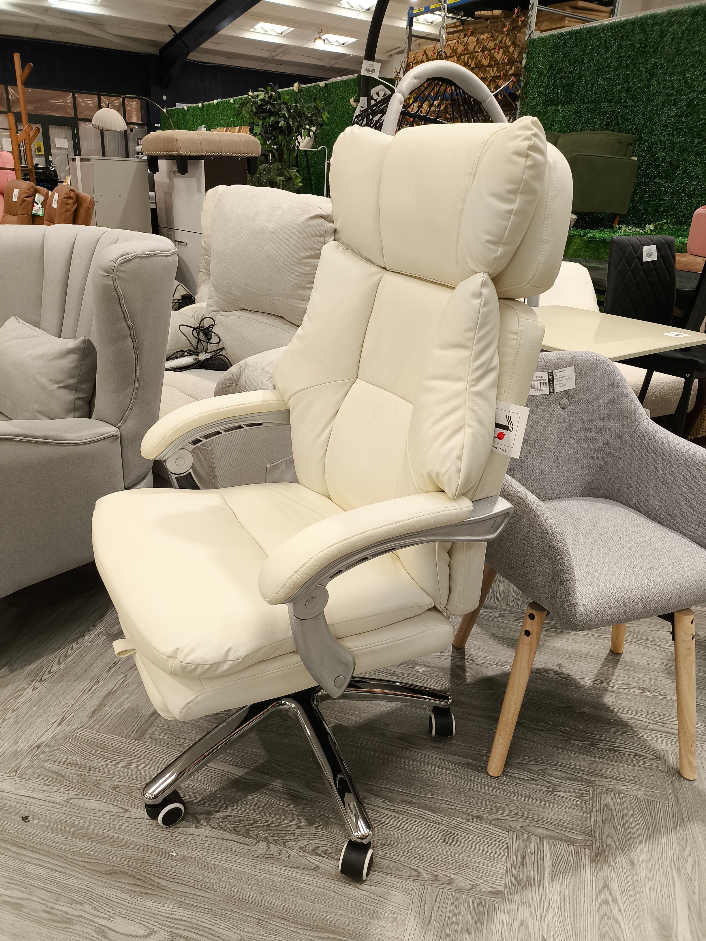 PU Leather Height Adjustable Swivel High Back Office Chair with Footrest Beige