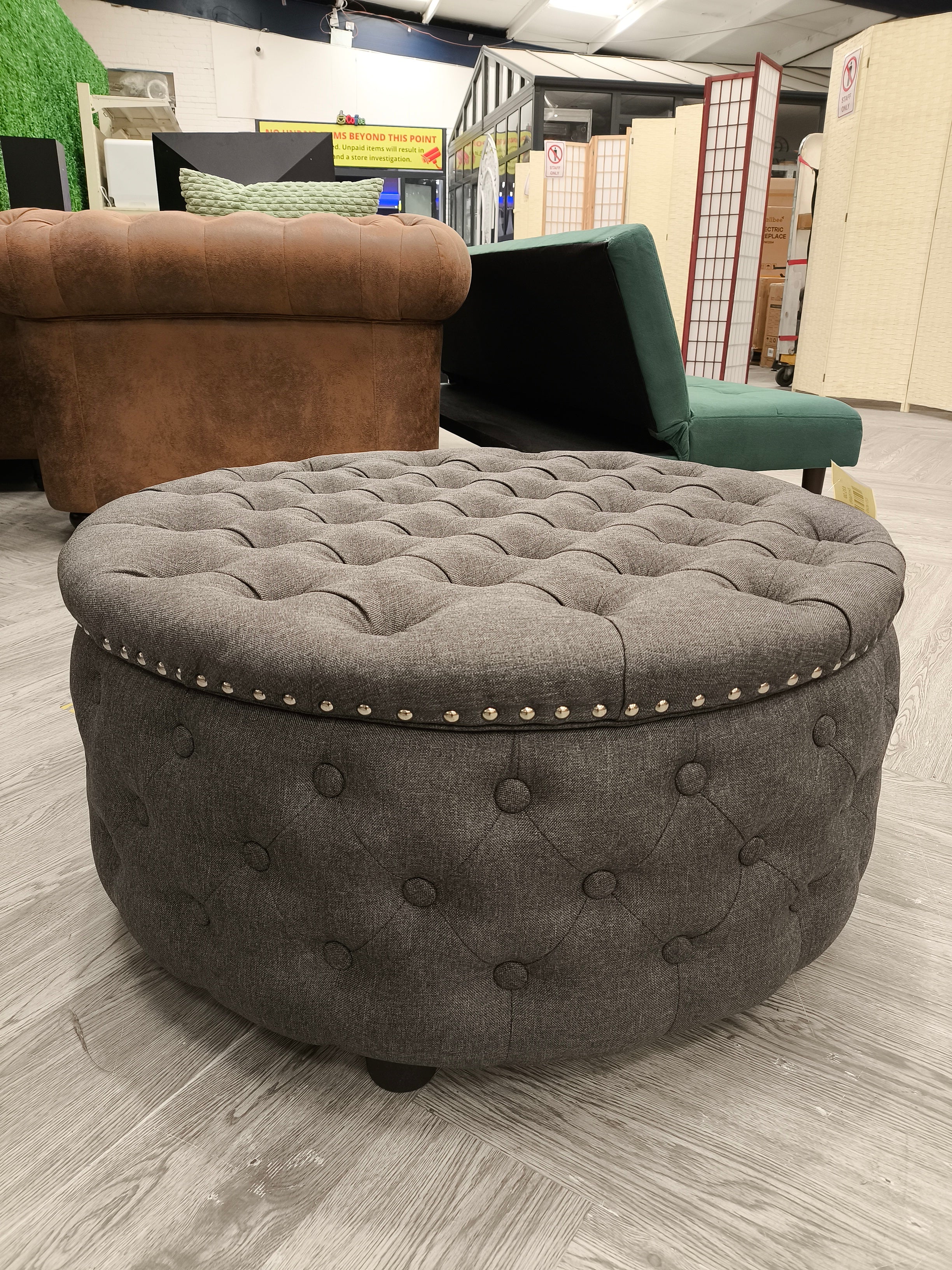 Button Tufted Round Storage Ottoman Grey