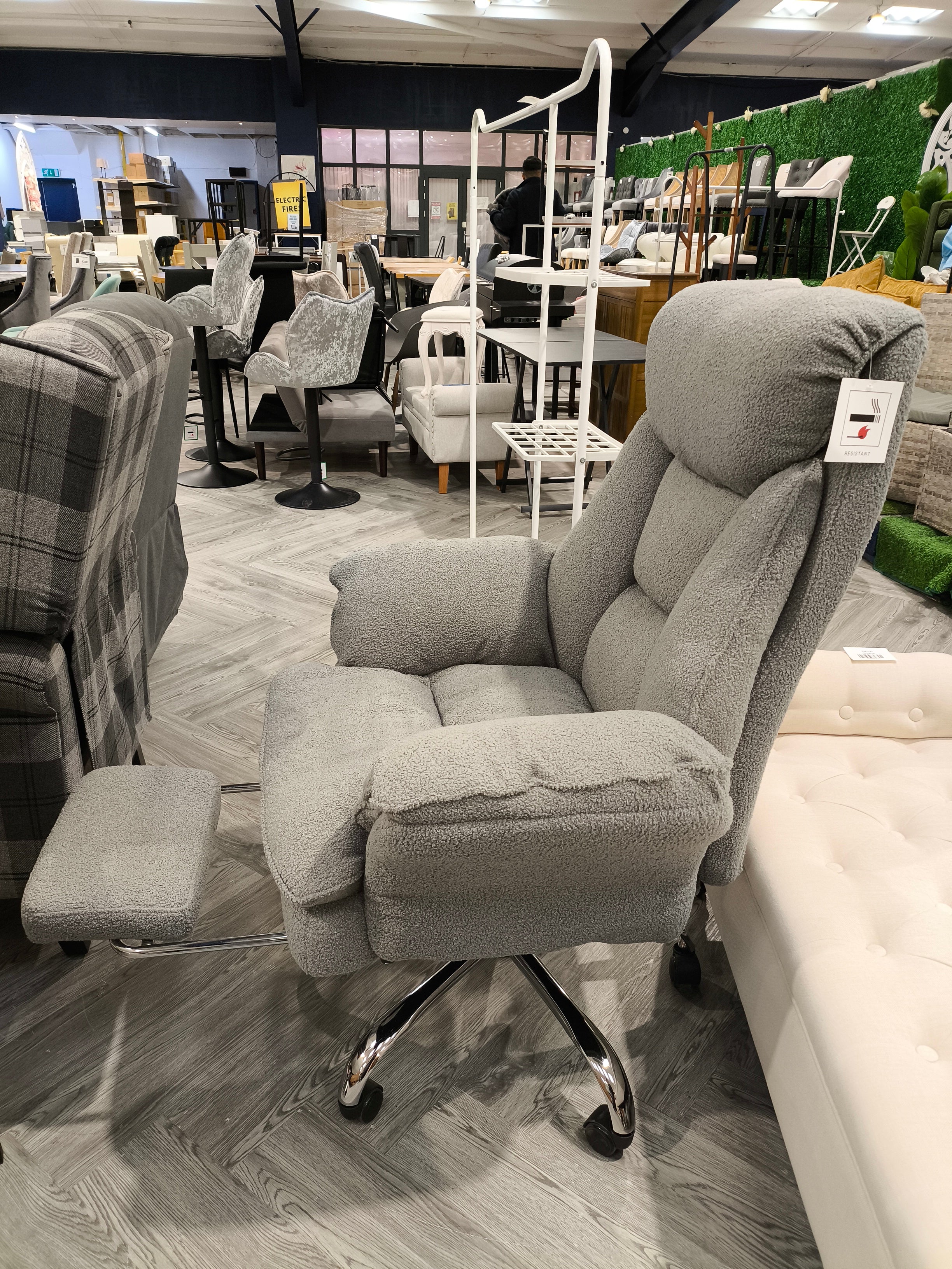 Teddy Fleece Upholstered Swivel High Back Office Reclining Chair with Footrest Grey