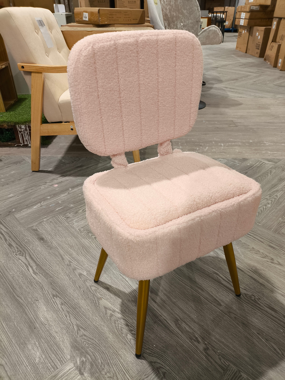 Teddy Fleece Vanity Chair with Storage & Folding Backrest Pink