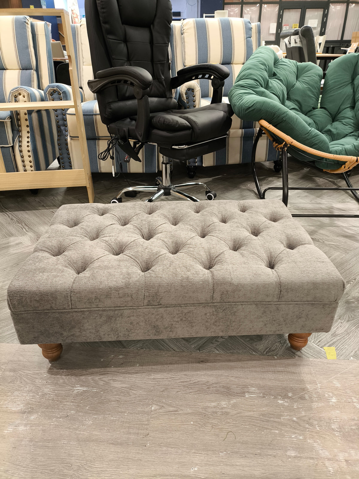 Buttoned Rectangular Ottoman Footstool with wooden turned legs