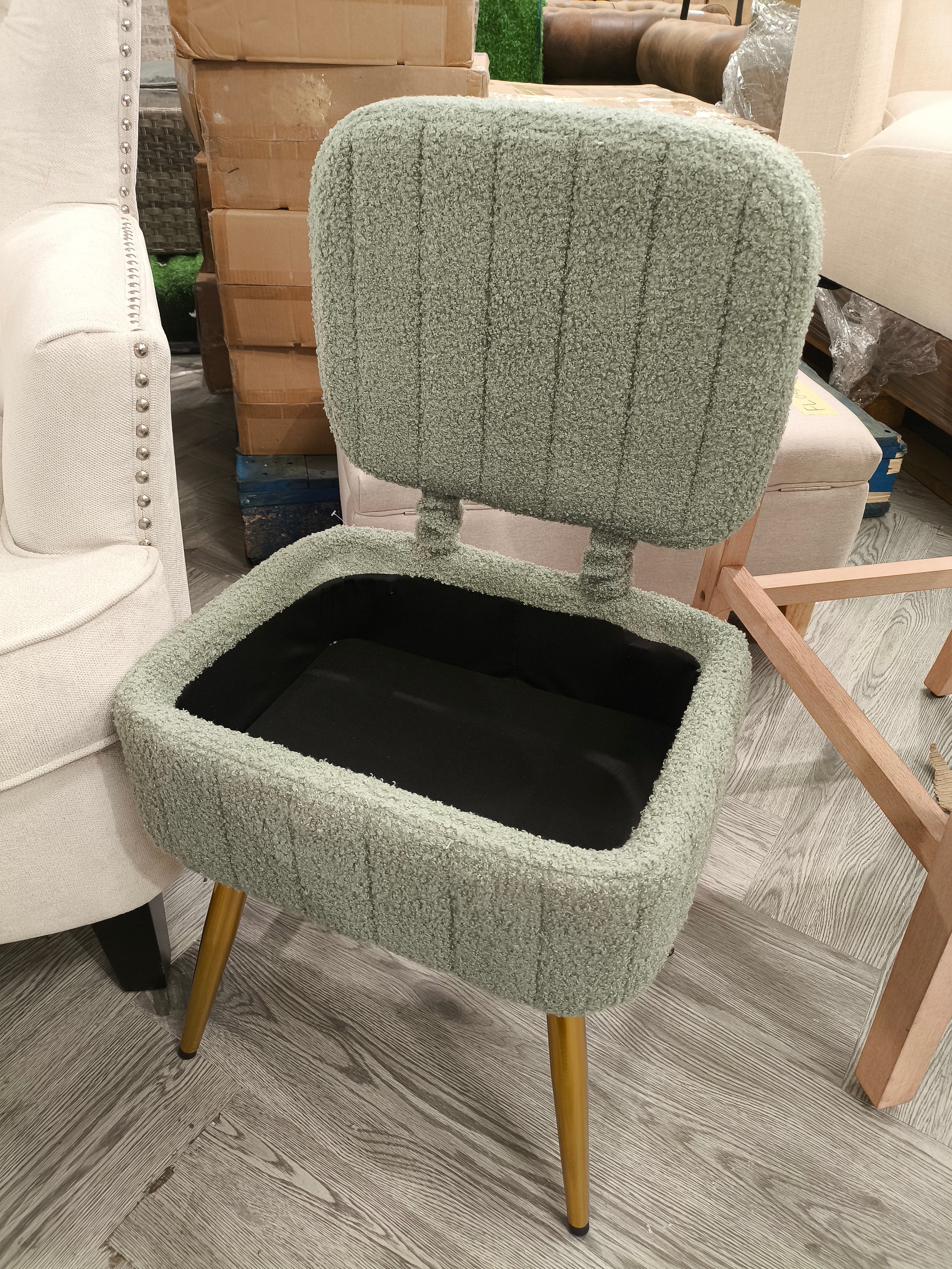 Teddy Fleece Vanity Chair with Storage & Folding Backrest Green