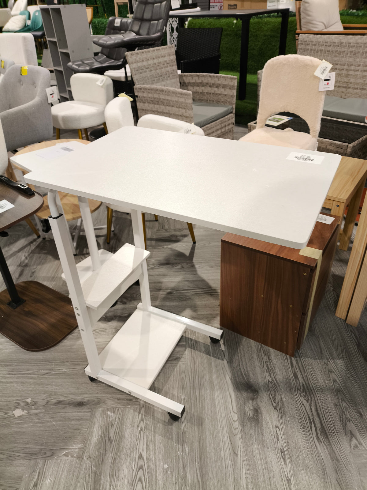 Height Adjustable Mobile Table Overbed Desk with Wheels White