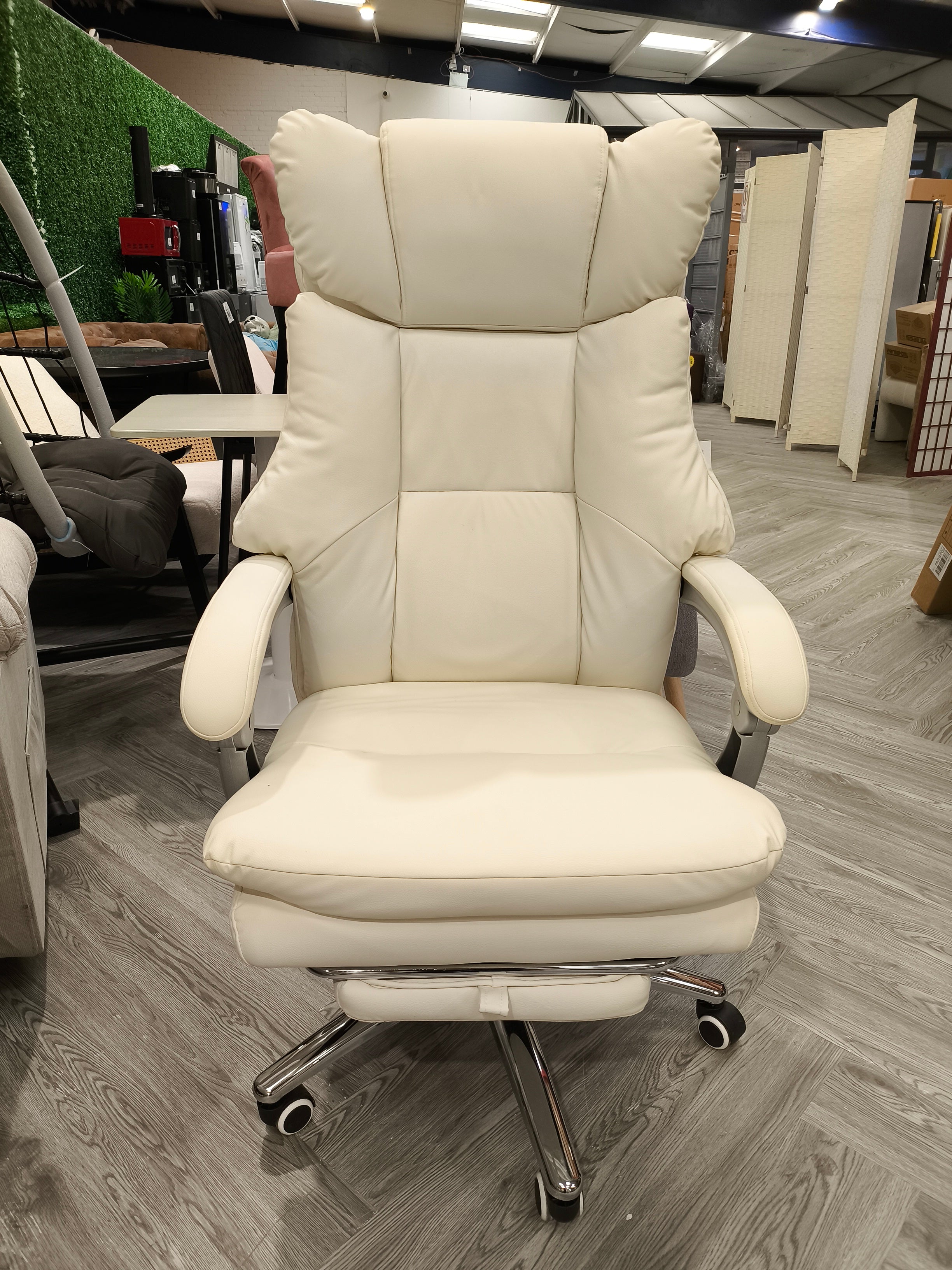 PU Leather Height Adjustable Swivel High Back Office Chair with Footrest Beige