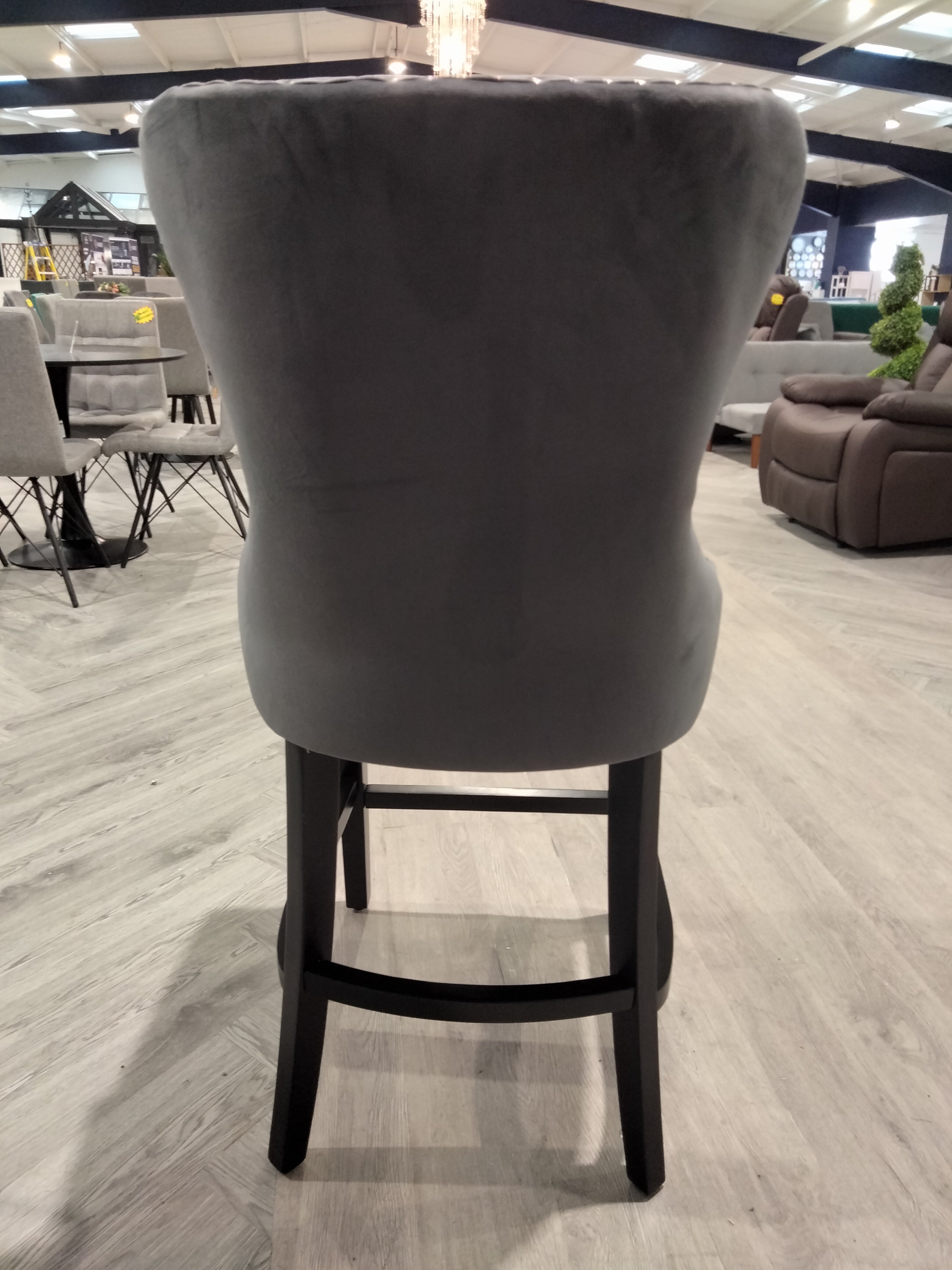 Grey Velvet Nailhead Buttoned Bar Stool with Black Wooden Legs 1 pc