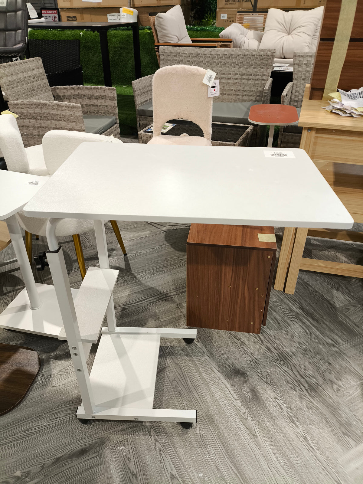 Height Adjustable Mobile Table Overbed Desk with Wheels White