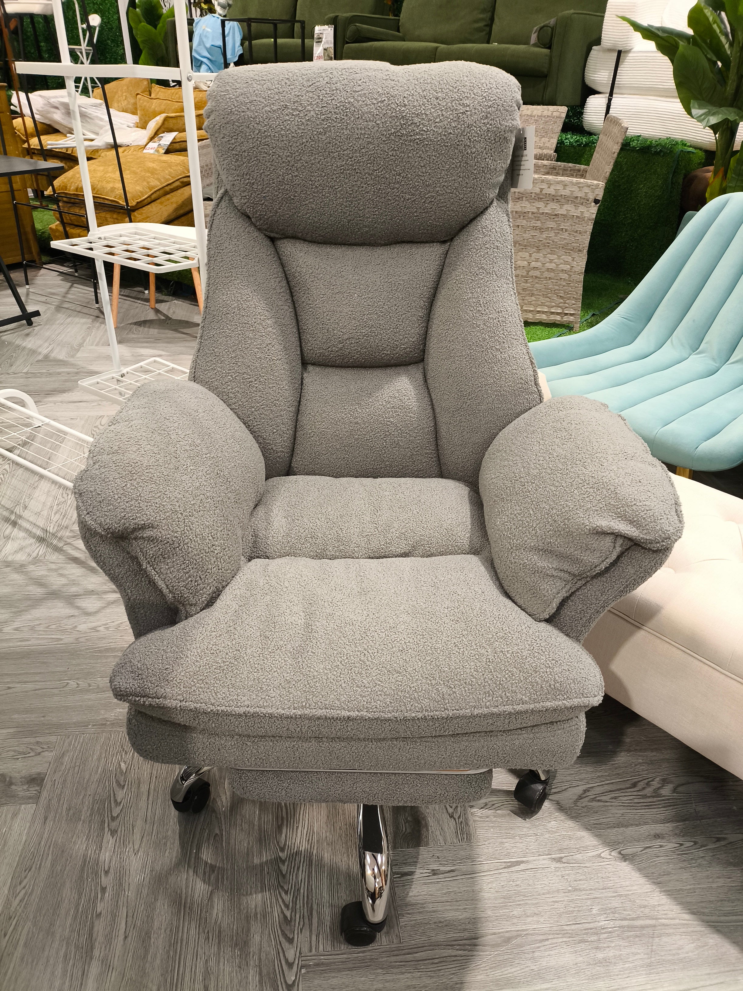 Teddy Fleece Upholstered Swivel High Back Office Reclining Chair with Footrest Grey