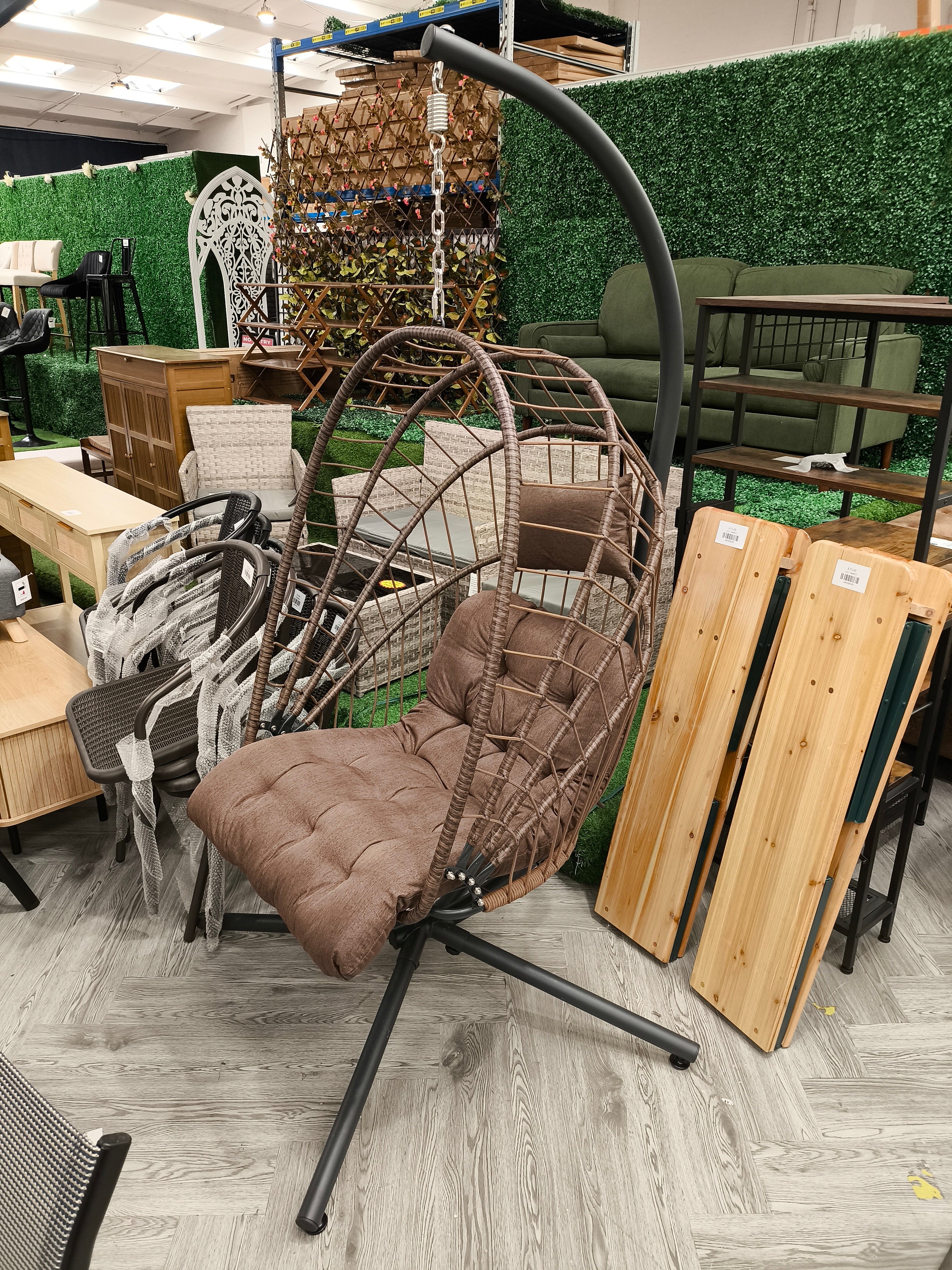 Single Swing Hanging Egg Chair with Cushion and Headrest Brown