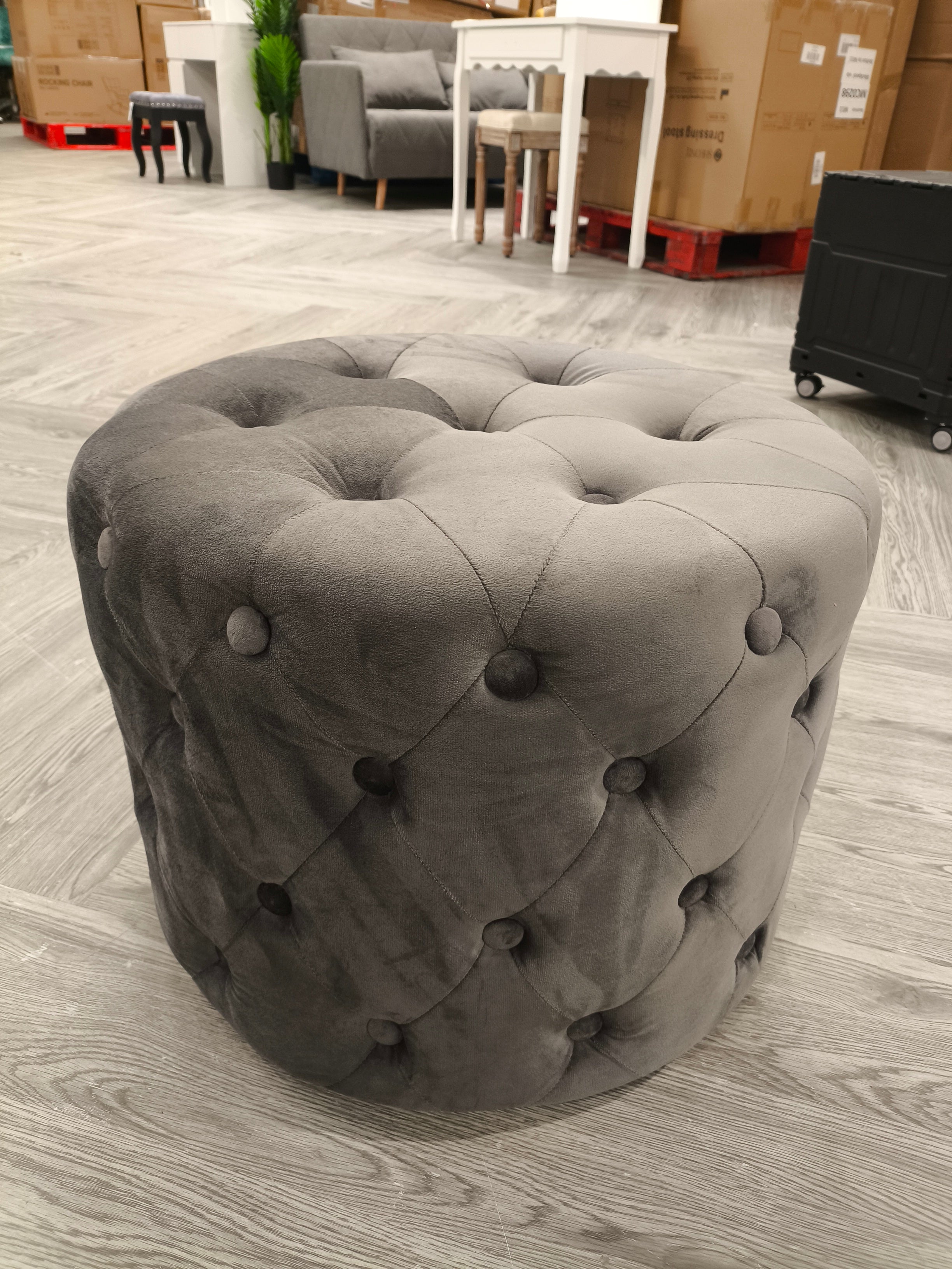 Round Velvet Buttoned Footstool Grey