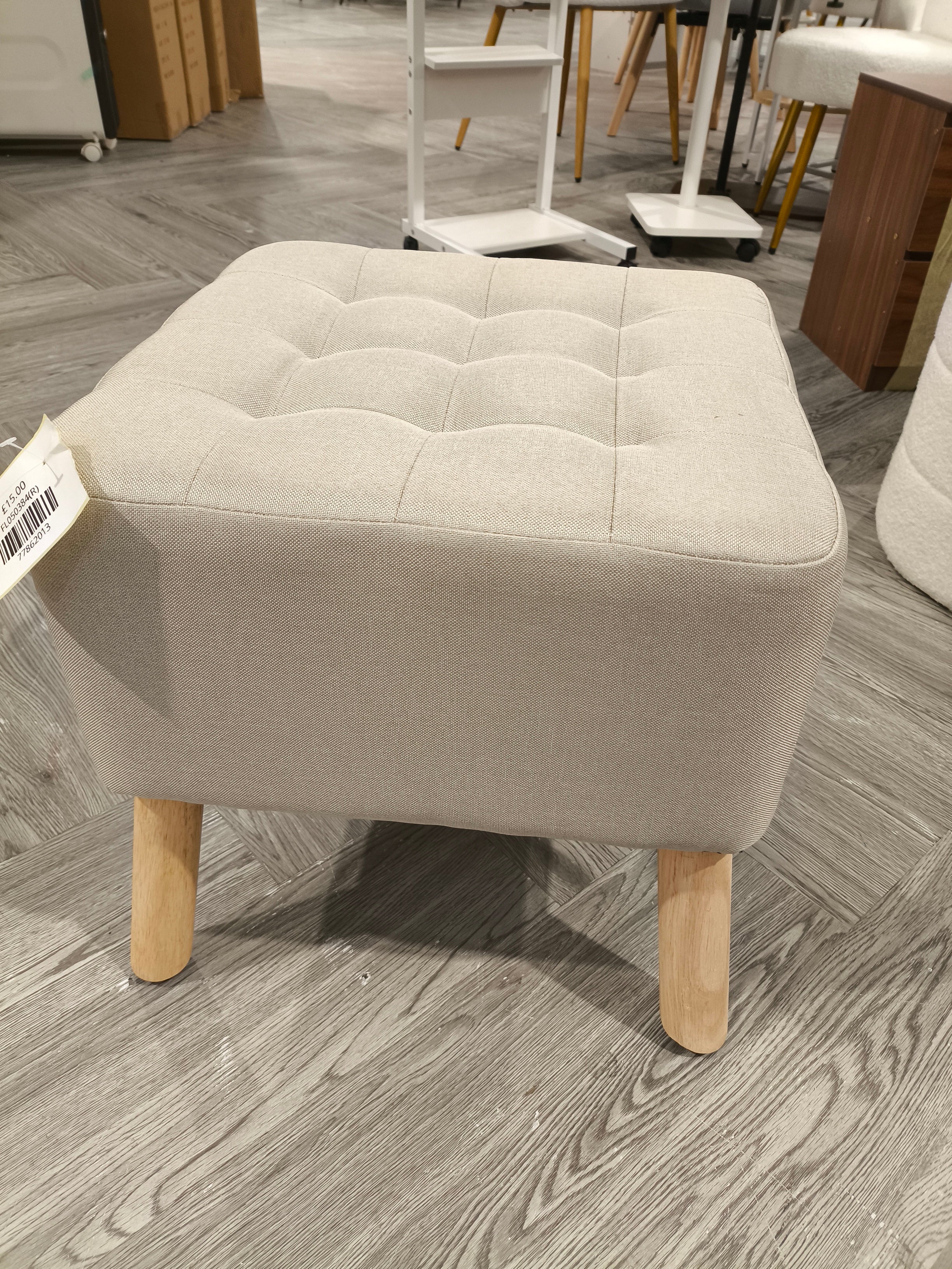 Linen Upholstered Button Tufted Square Footstool Beige
