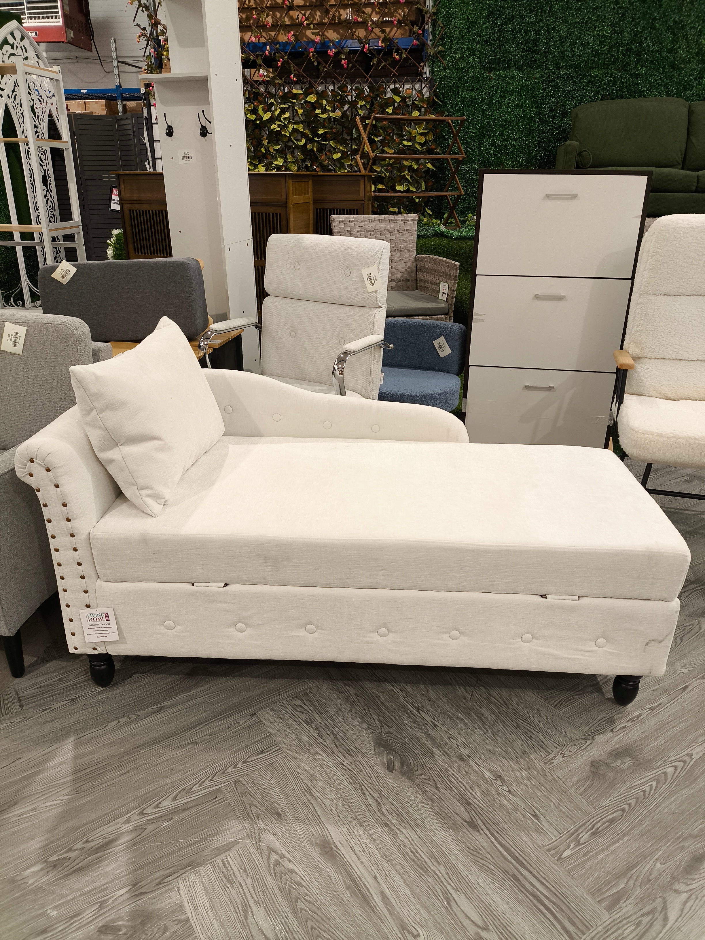 Left Hand Facing Chenille Chaise Lounge with Storage and Pillow White