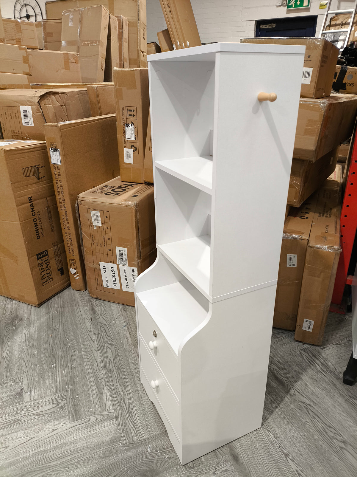 White Slim Storage 3 Tier Shelving Unit with Lockable Drawer