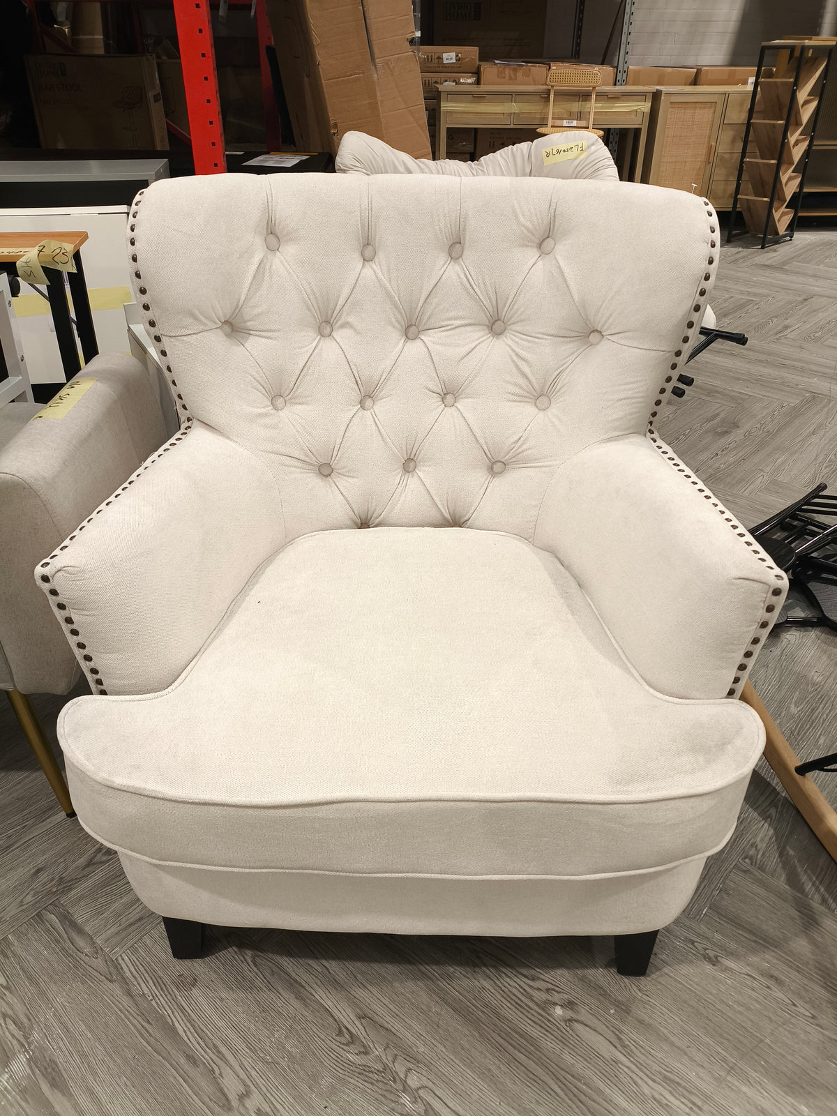 Classic Buttoned Back Linen Armchair with Wooden Legs