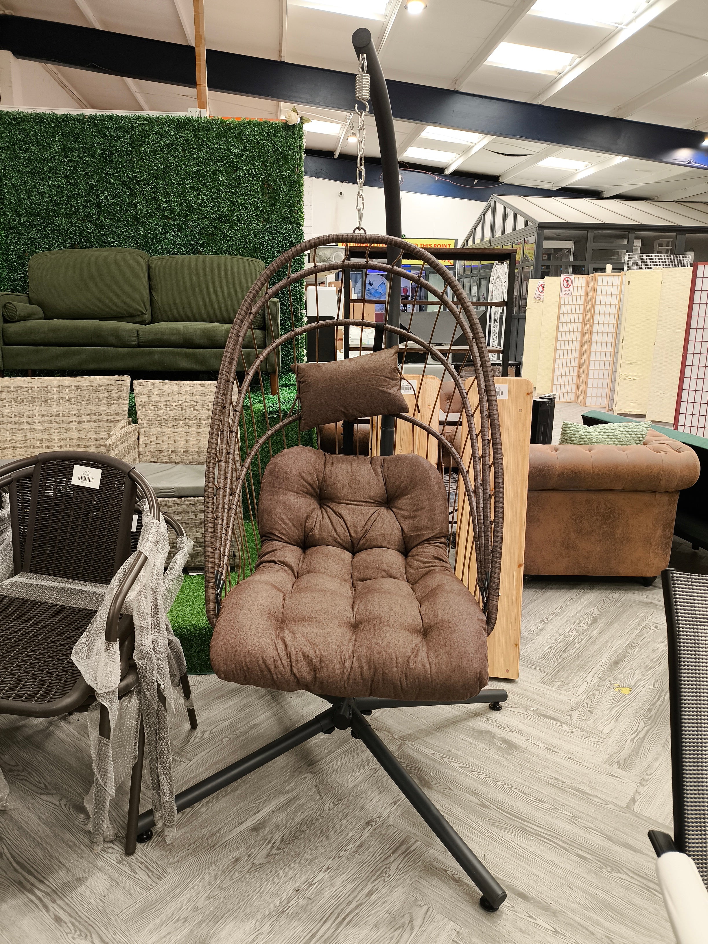 Single Swing Hanging Egg Chair with Cushion and Headrest Brown