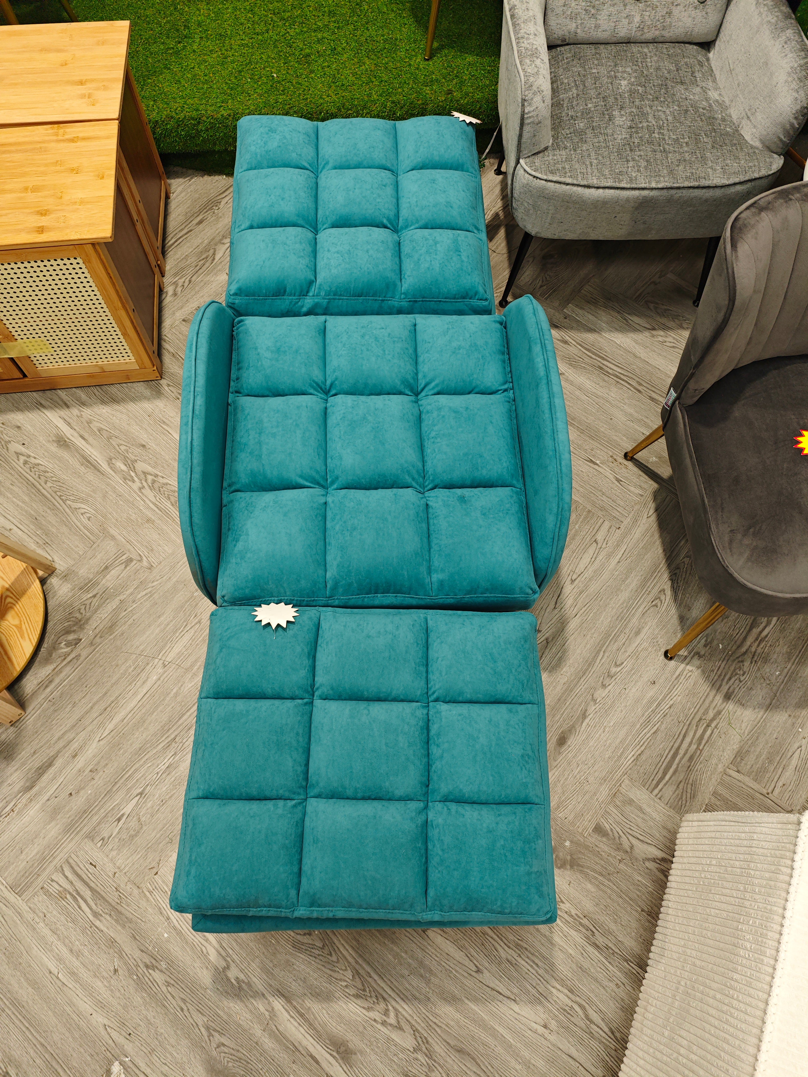 Leisure Velvet Upholstered Recliner Armchair and Ottoman Footstool Set Metal Legs Teal