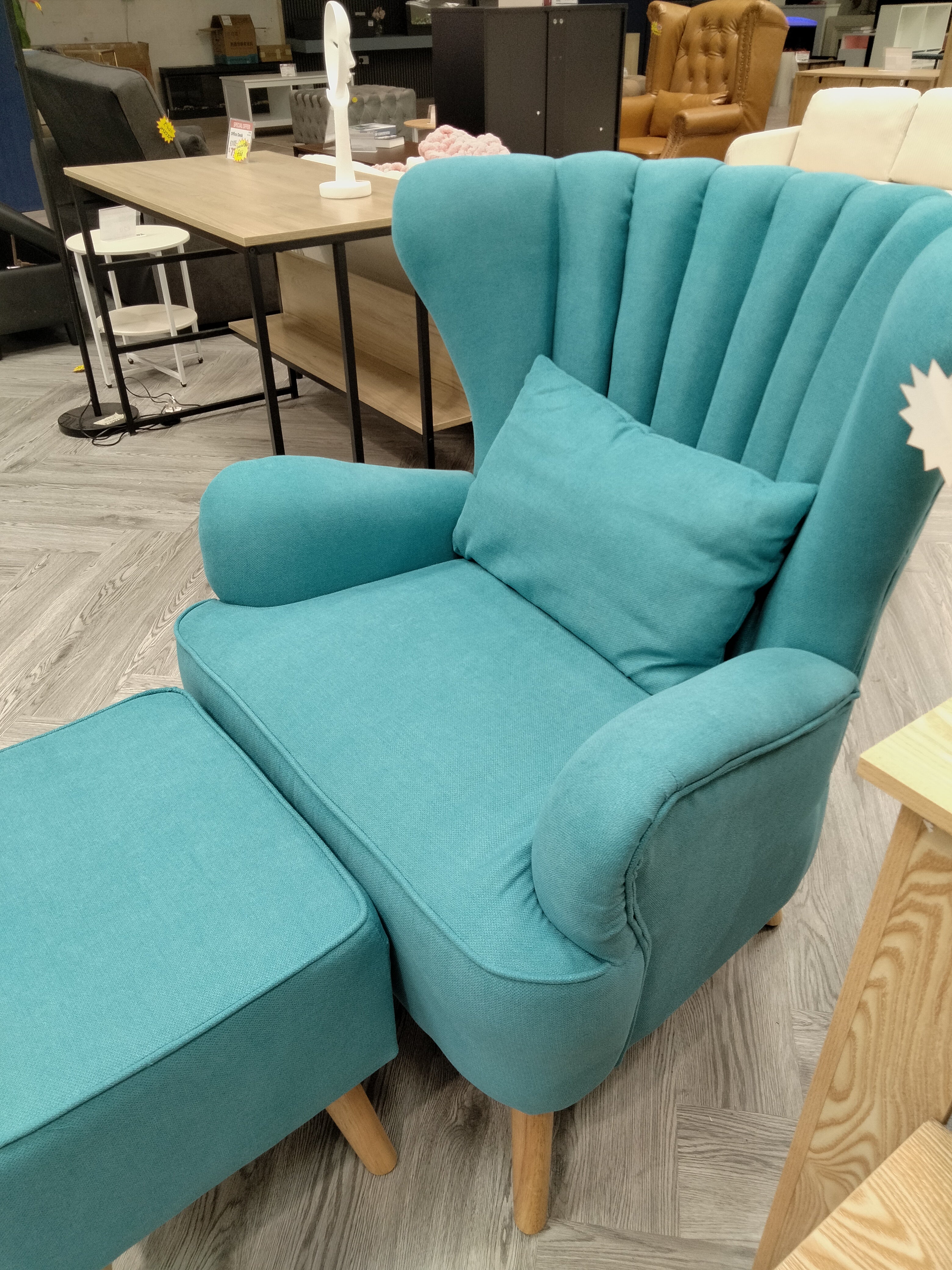 Faux Wool Upholstered Armchair and Footstool Blue