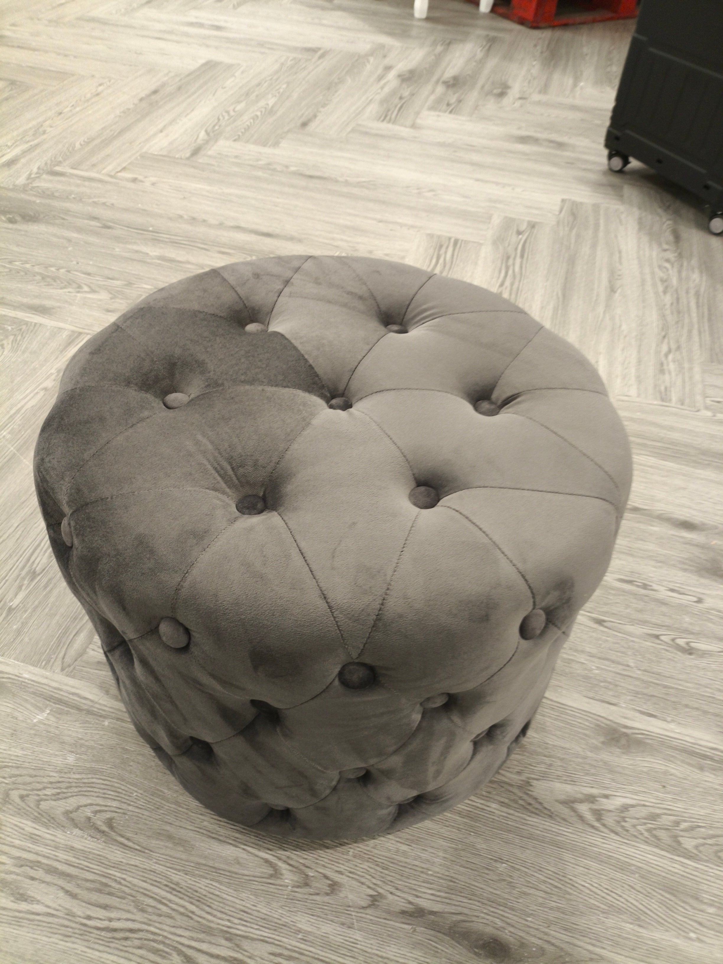 Round Velvet Buttoned Footstool Grey