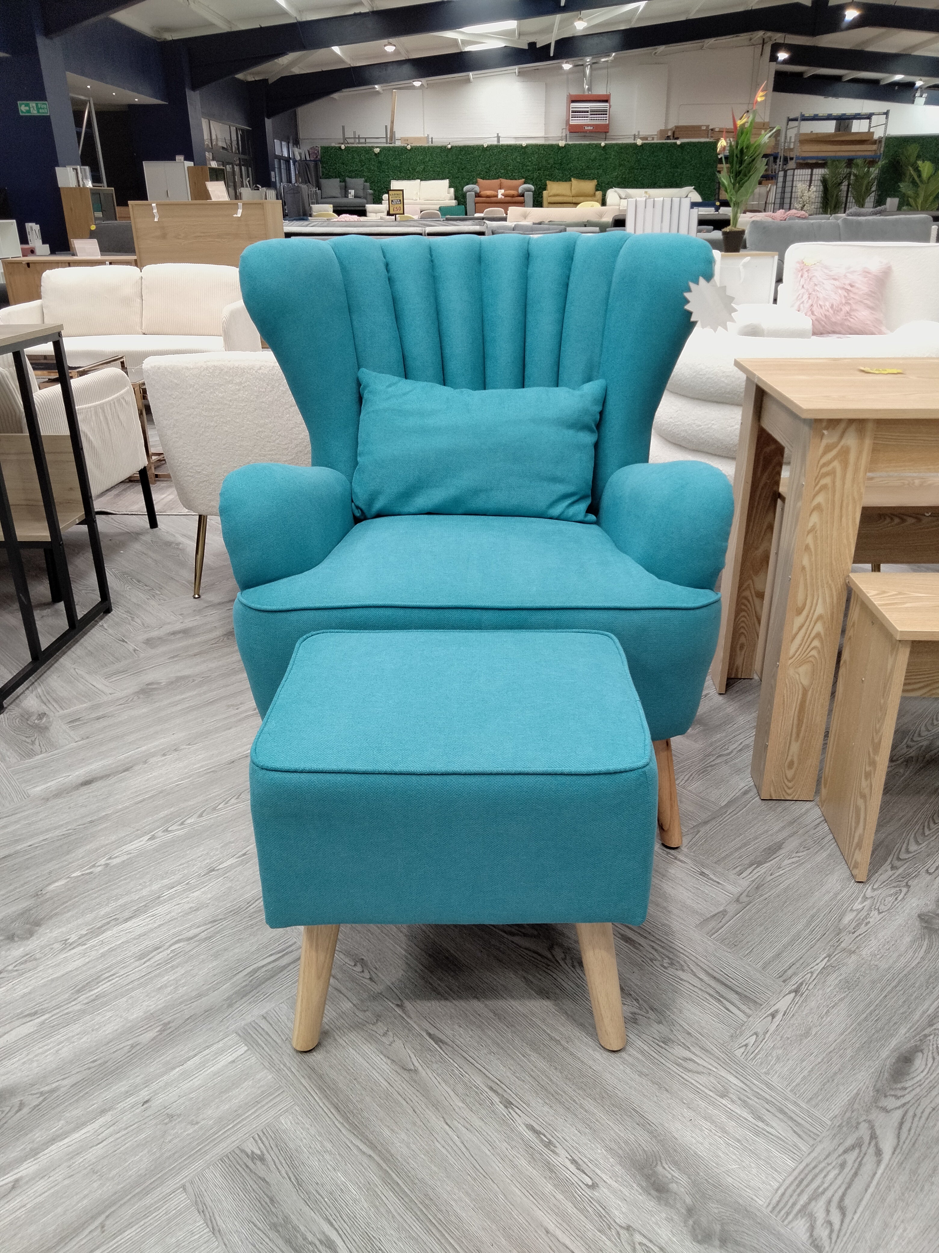 Faux Wool Upholstered Armchair and Footstool Blue