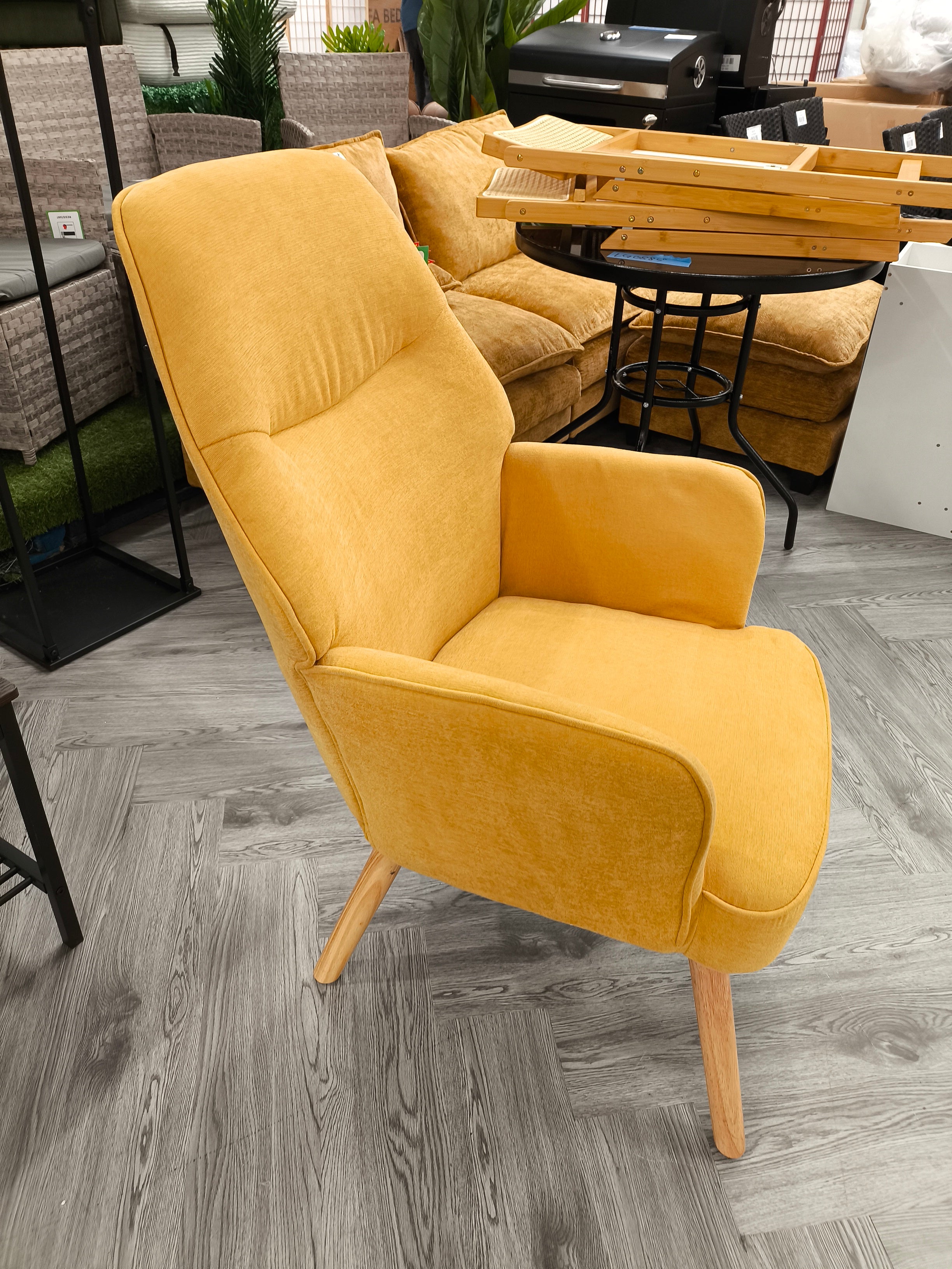 Chenille Upholstered Armchair with Wooden Legs Yellow