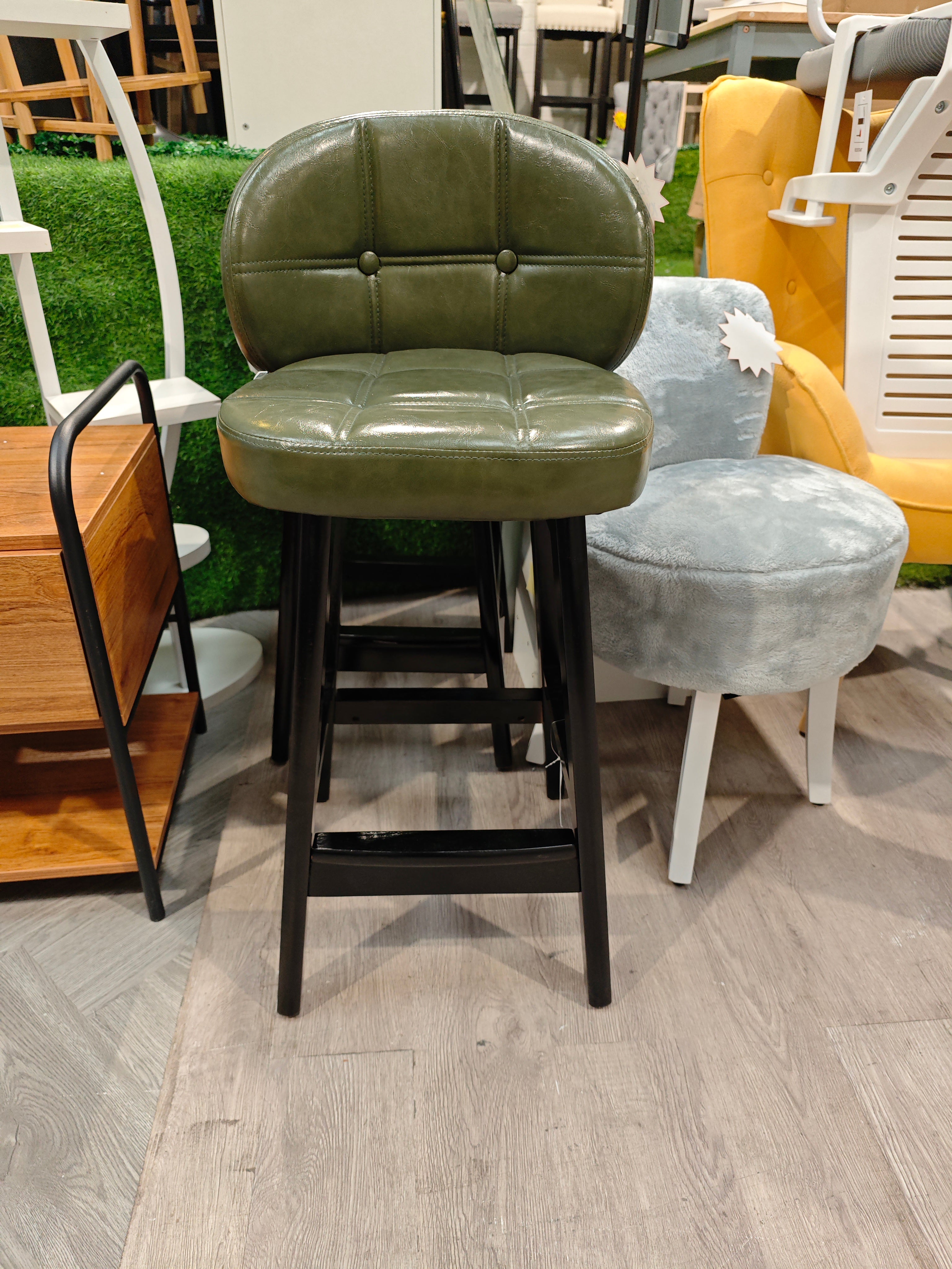 Dark Green PU Leather Bar Stool with Wooden Legs 1PC