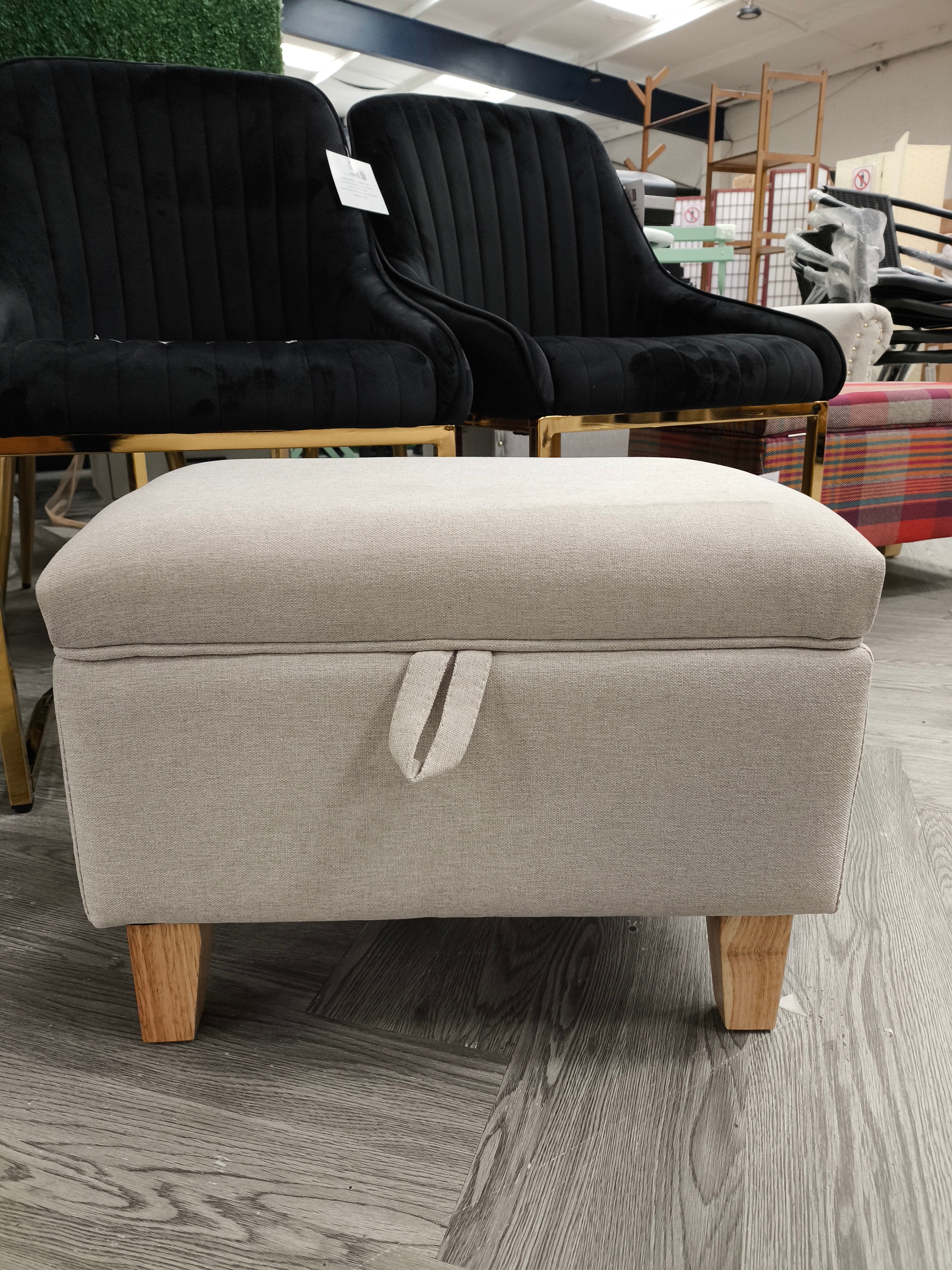 Linen Upholstered Storage Ottoman with Wooden Legs Beige