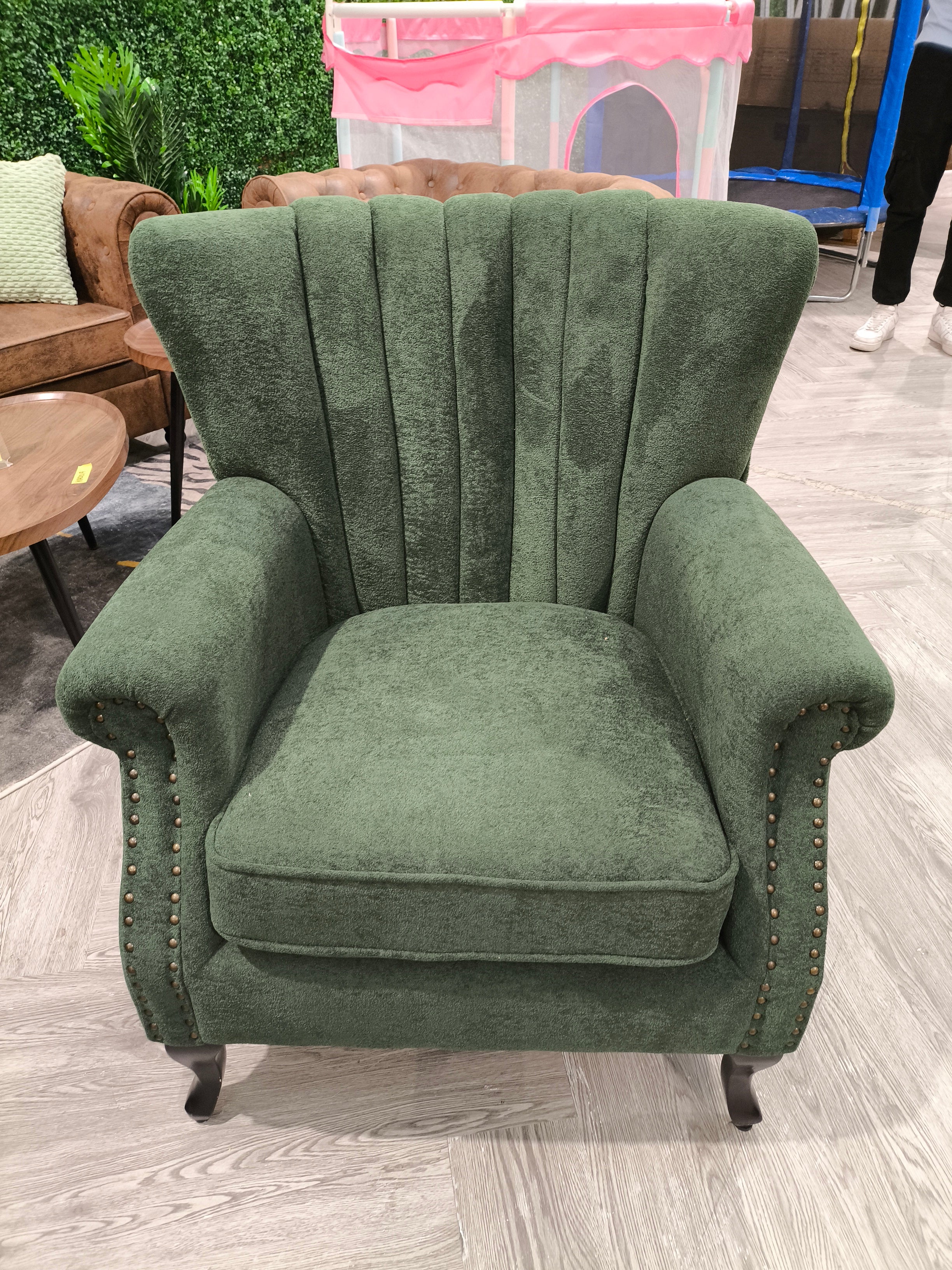 Chenille Armchair with Rubberwood Legs Green