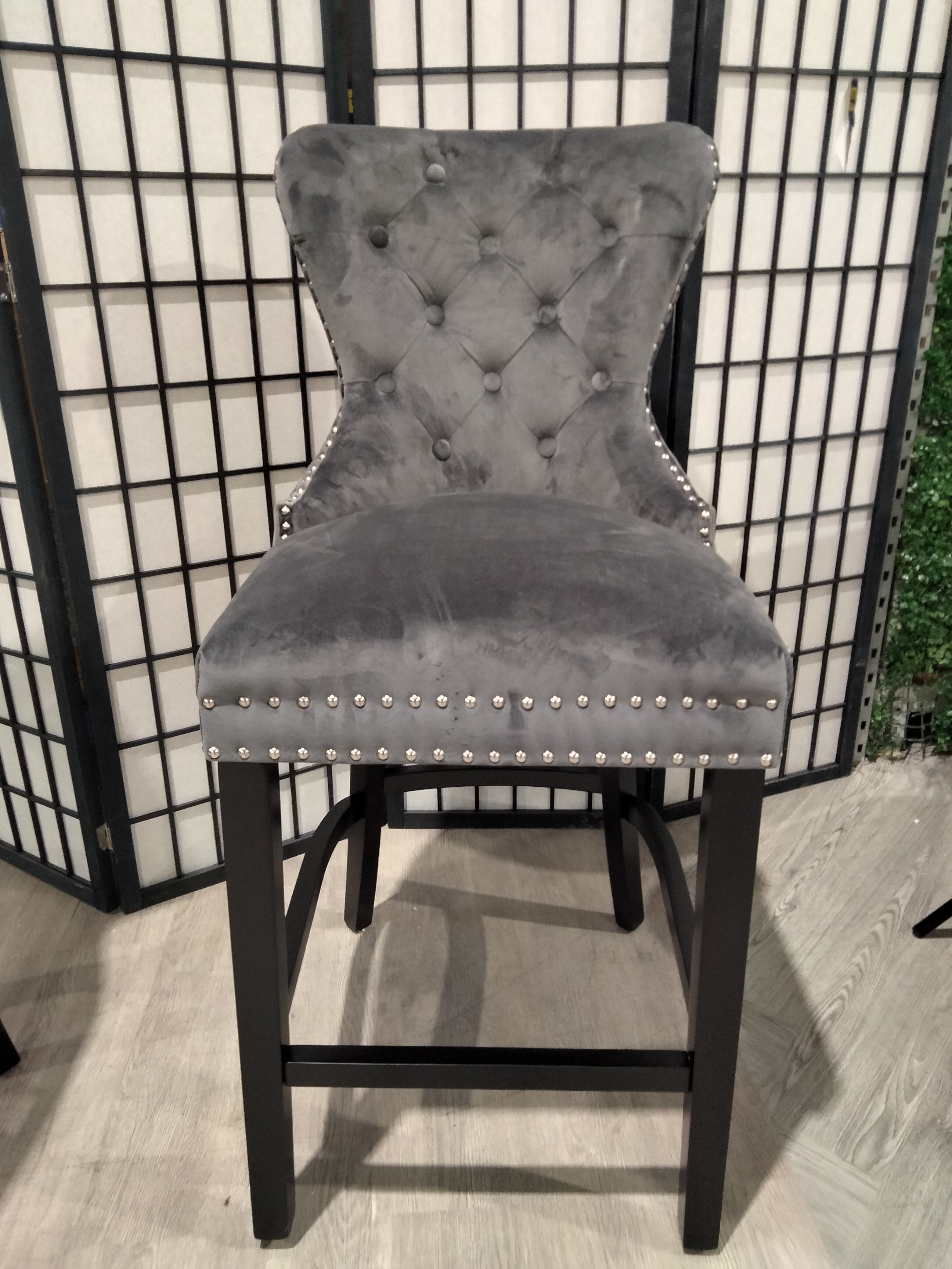 Grey Velvet Nailhead Buttoned Bar Stool with Black Wooden Legs 1 pc