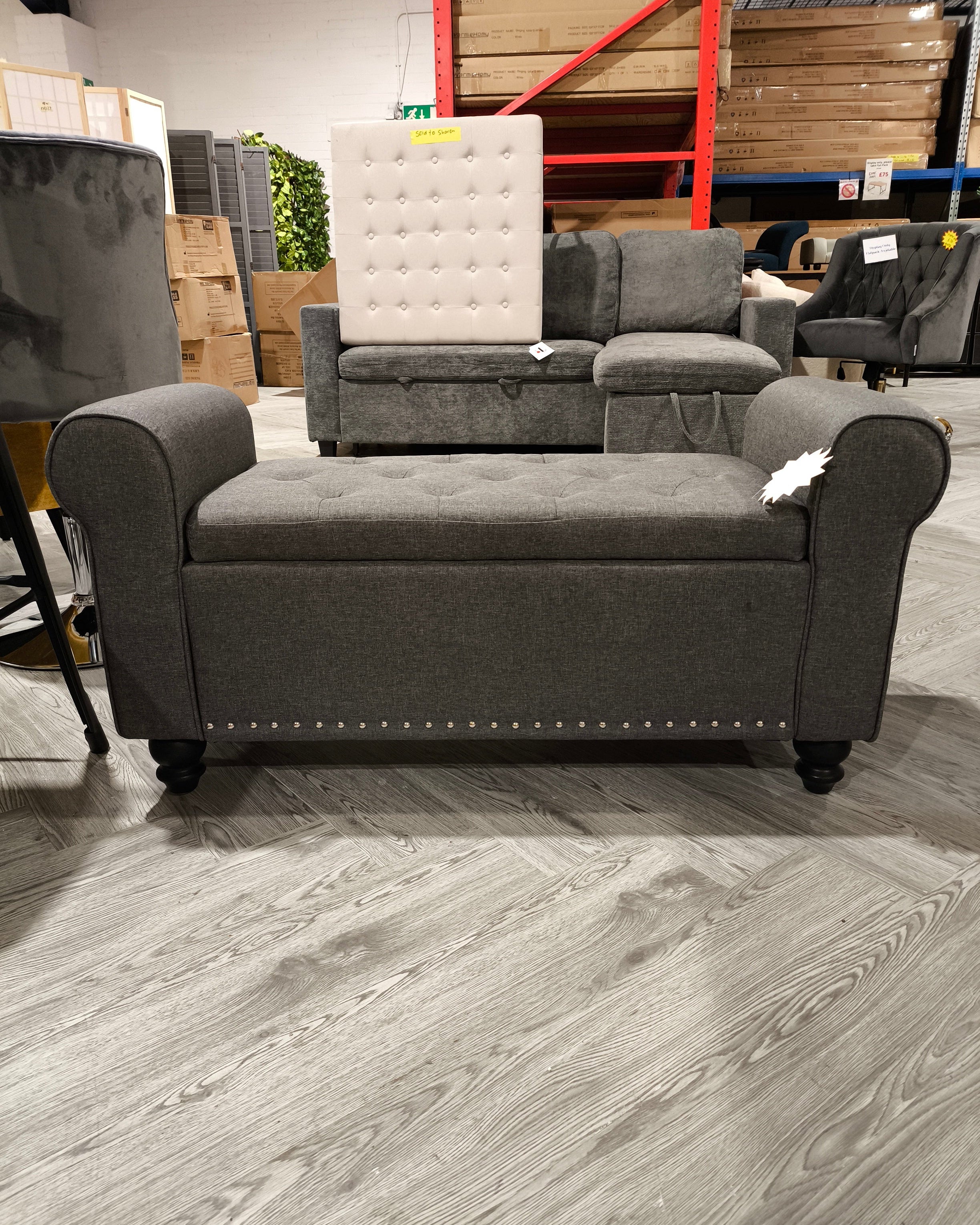 Linen Upholstered Button Tufted Storage Bench with Wooden Legs Grey