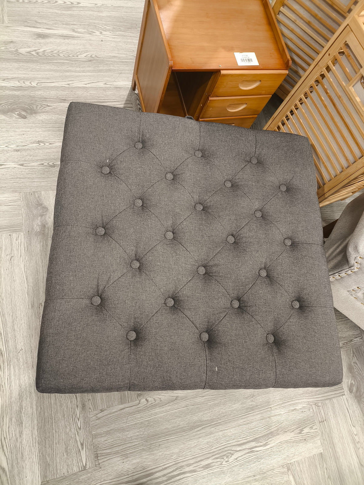 Square Tufted Linen Storage Ottoman
