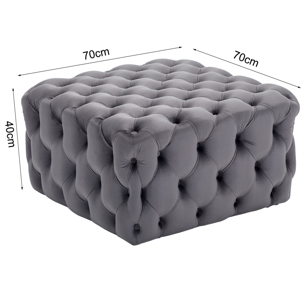 Square Velvet Upholstered Buttoned Footstool Ottoman Grey