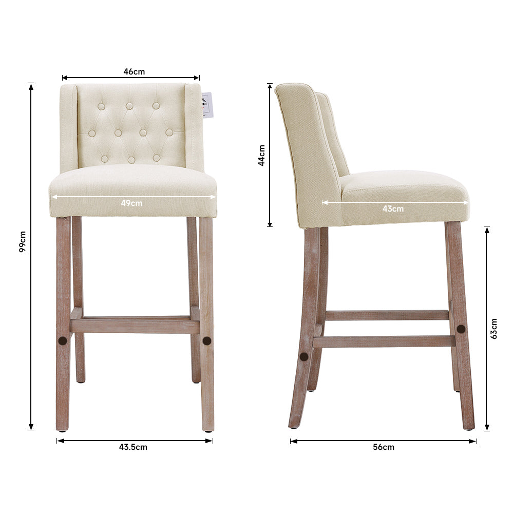 New Rustic Bar Stool Linen Tufted with Wood Legs 1PC