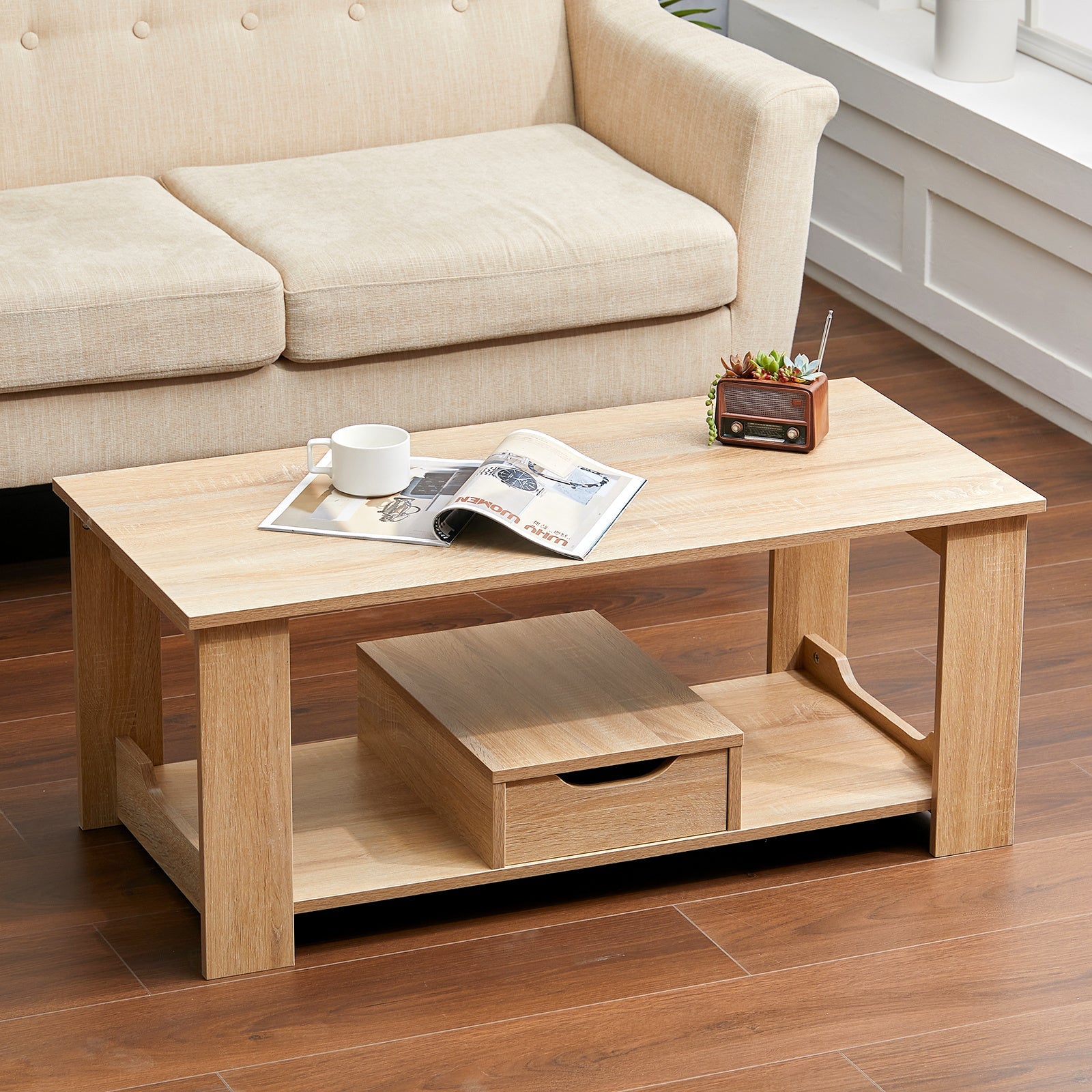 2 Tier Wooden Coffee Table with Drawer for Living Room