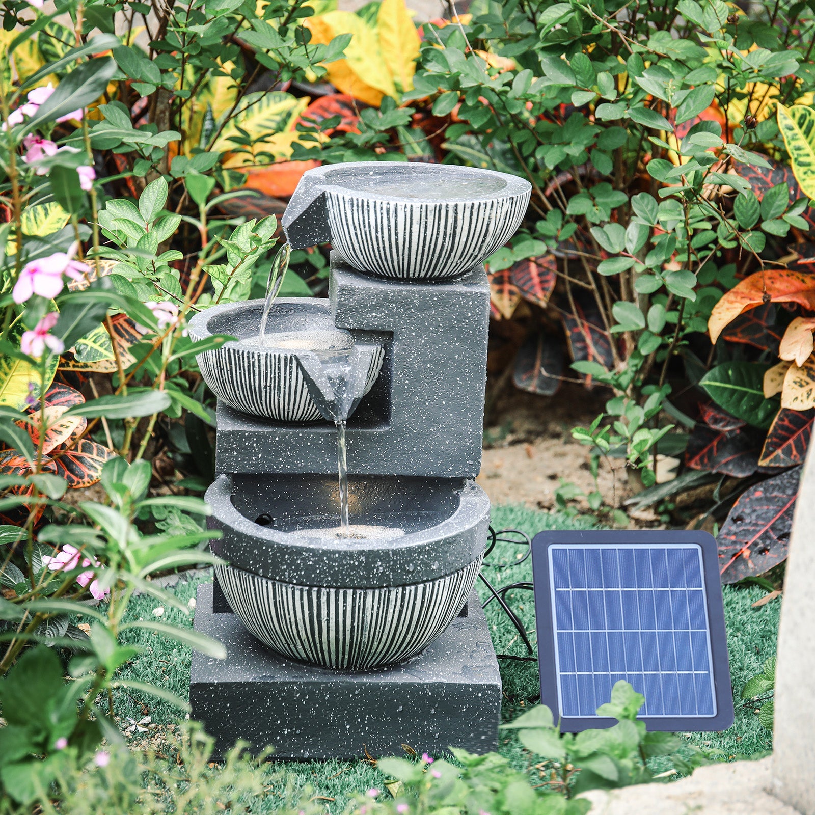 3-Tier Solar Powered Garden Cascading Fountain Bowls Decorated