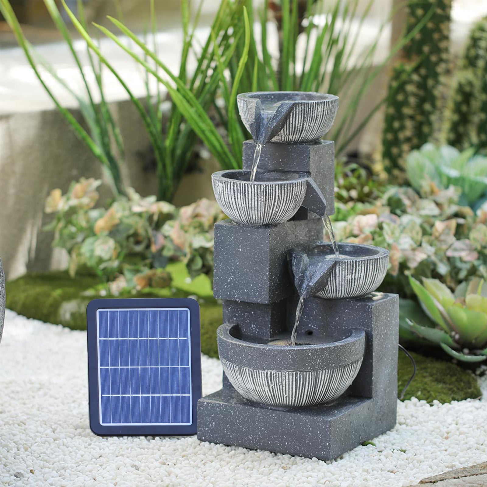 4-Tierd Solar Powered Garden Cascading Fountain with LED Lights Rockery Decorated