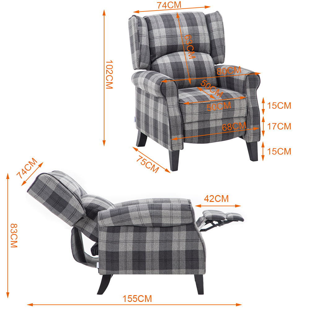 High Back Fabric Armchair Grey Tartan Motion Reclining Chair