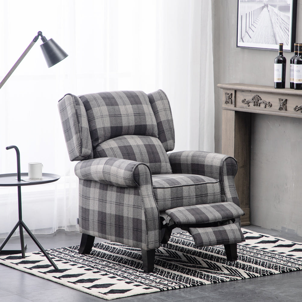 High Back Fabric Armchair Grey Tartan Motion Reclining Chair