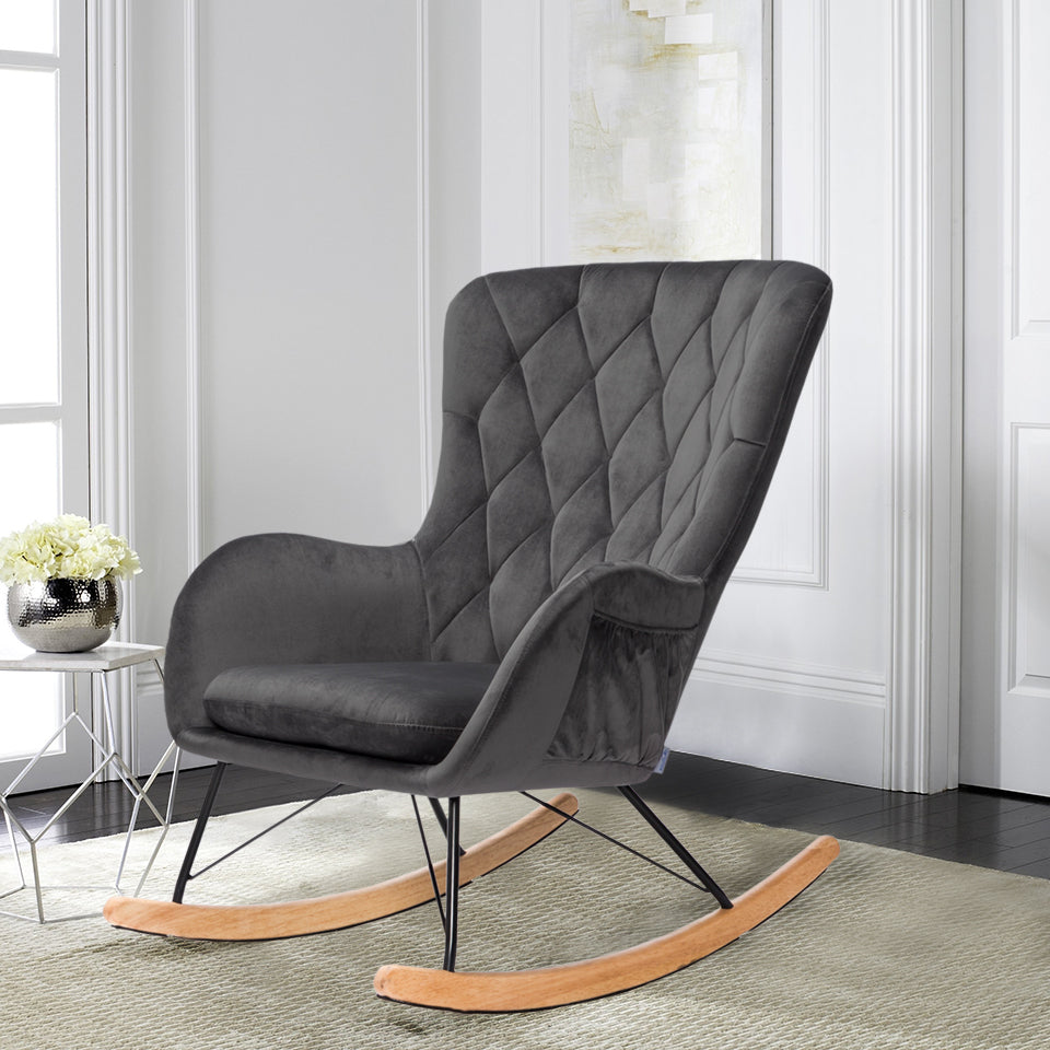 Line Pattern Rocking Chair Grey Living Room Armchair with Side Pockets